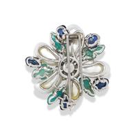 TRIO, CARVED EMERALD, CULTURED PEARL, CARVED SAPPHIRE, AND DIAMOND FLOWER BROOCH