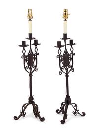 A Pair of Continental Iron Three-Light Candelabra Mounted as Lamps