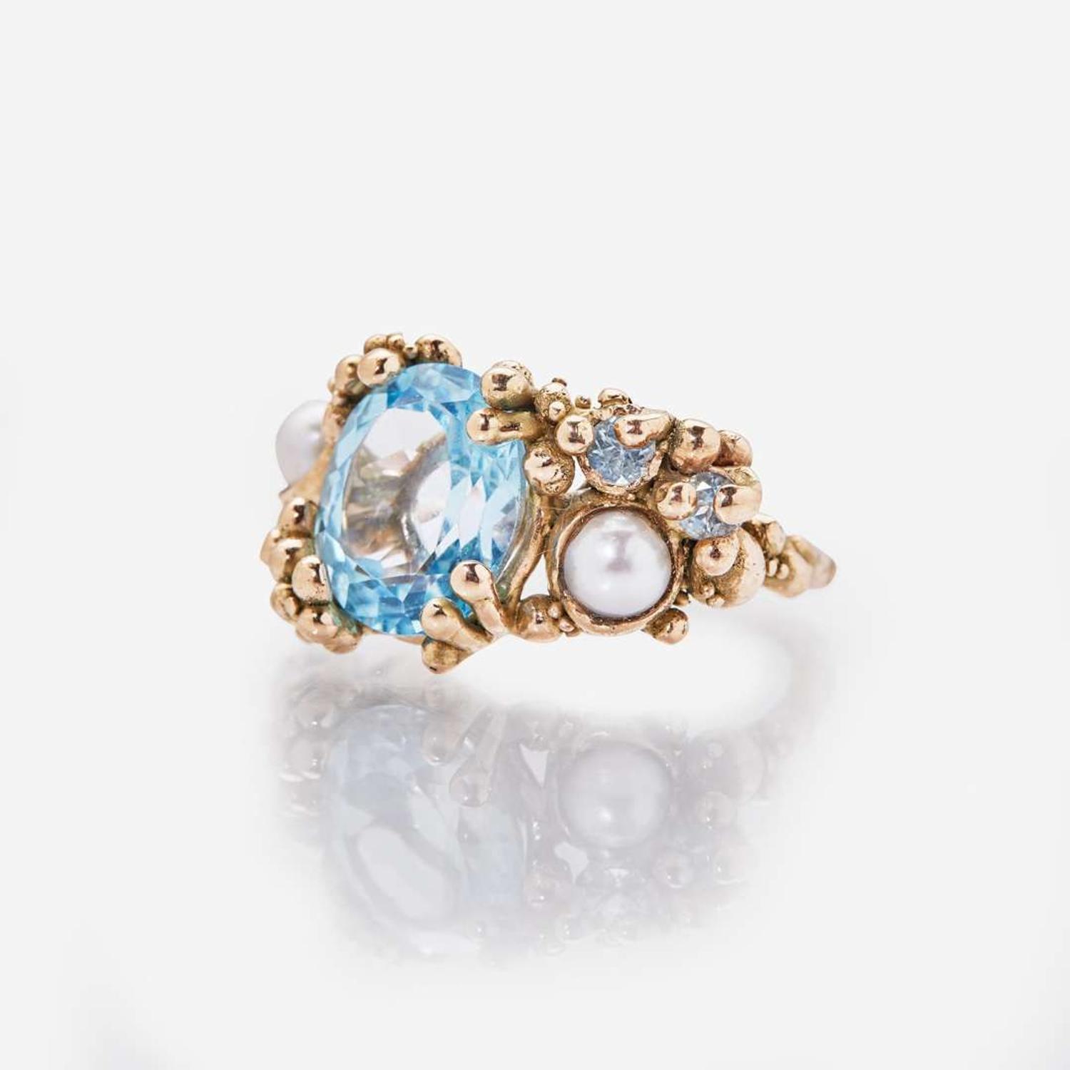 A 14K Vintage Blue Topaz and Pearl Ring c. 1960's