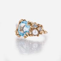 A 14K Vintage Blue Topaz and Pearl Ring c. 1960's