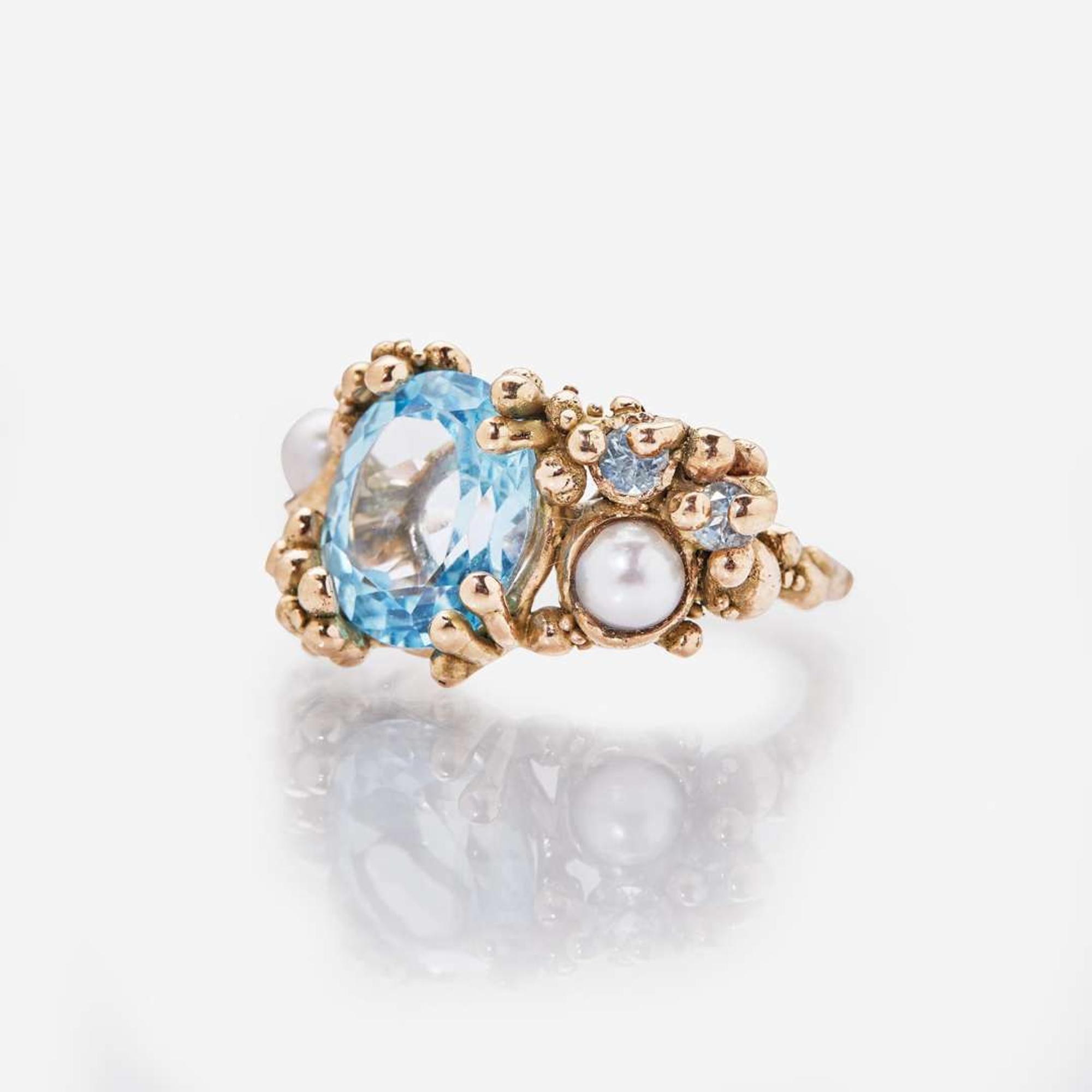 A 14K Vintage Blue Topaz and Pearl Ring c. 1960's