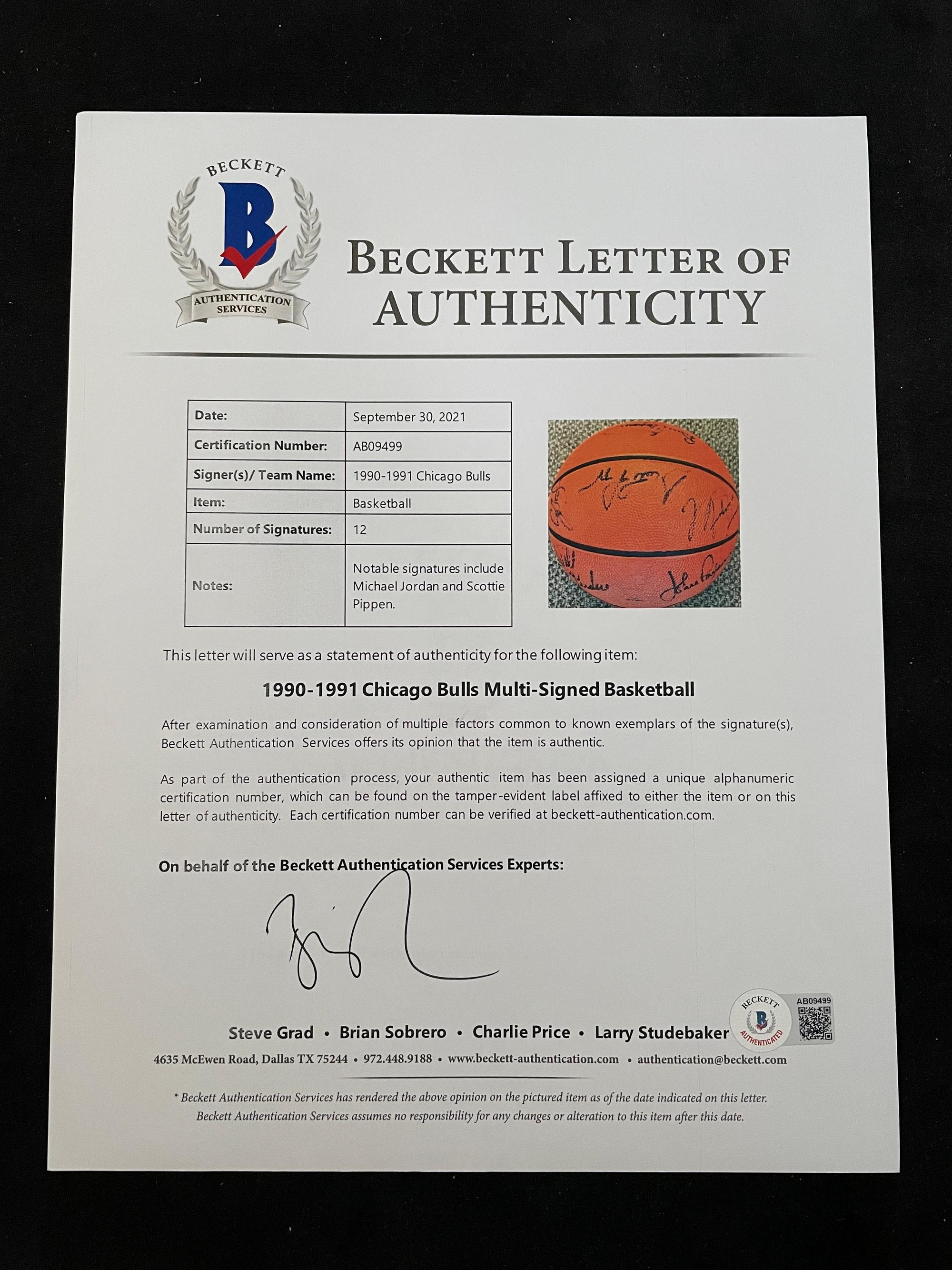 A Historic 1990-91 Chicago Bulls First NBA Championship Team Signed Autograph Basketball Including Michael Jordan (Beckett Authentication Services Letter BAS Certified)