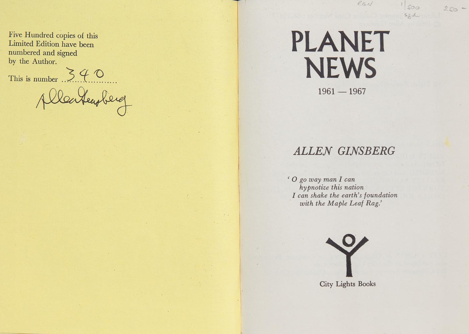 GINSBERG, Allen (1926-1997). Planet News 1961-1967. San Francisco: City Lights Books, [1968].