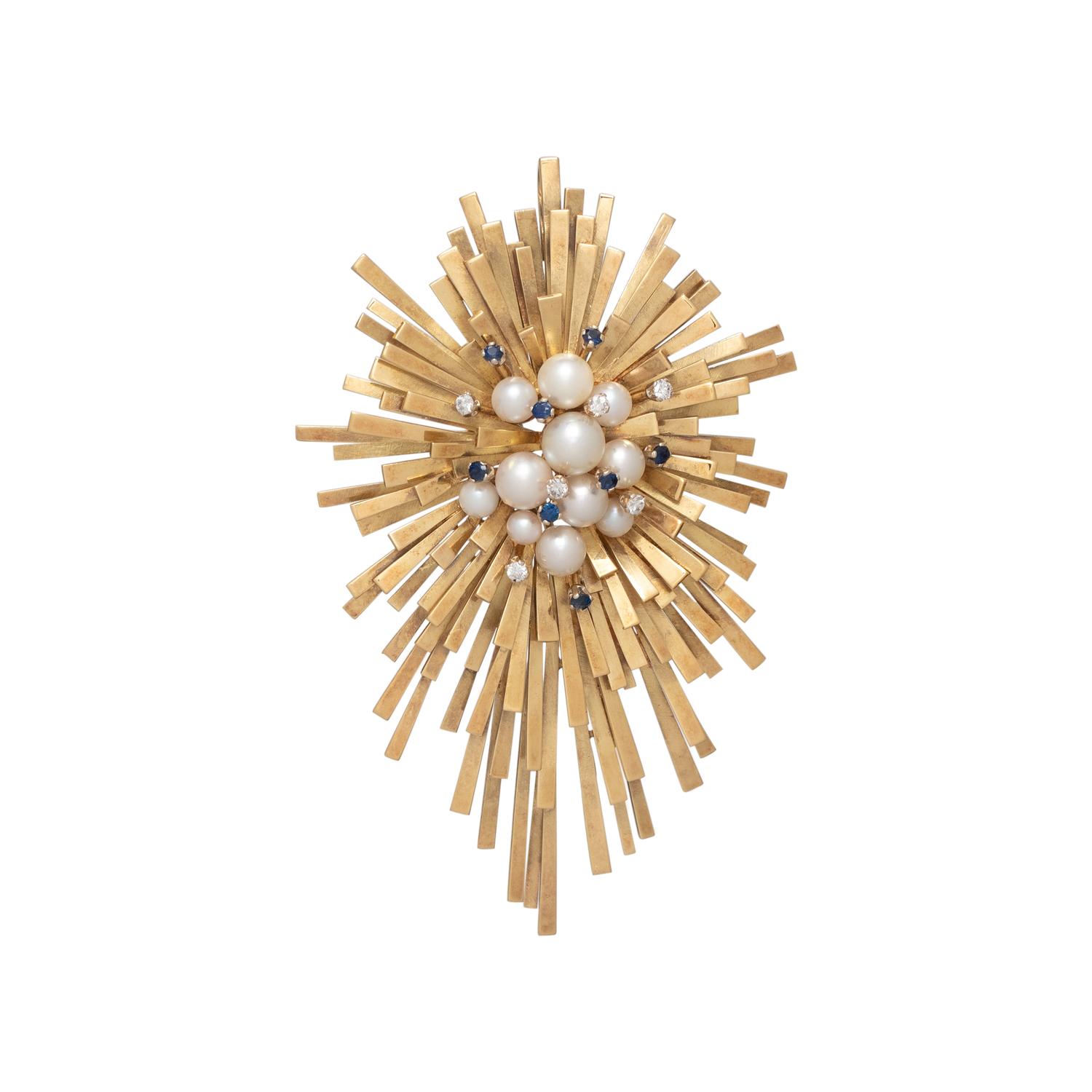 DAVID THOMAS, YELLOW GOLD, DIAMOND, CULTURED PEARL AND SAPPHIRE PENDANT/NECKLACE