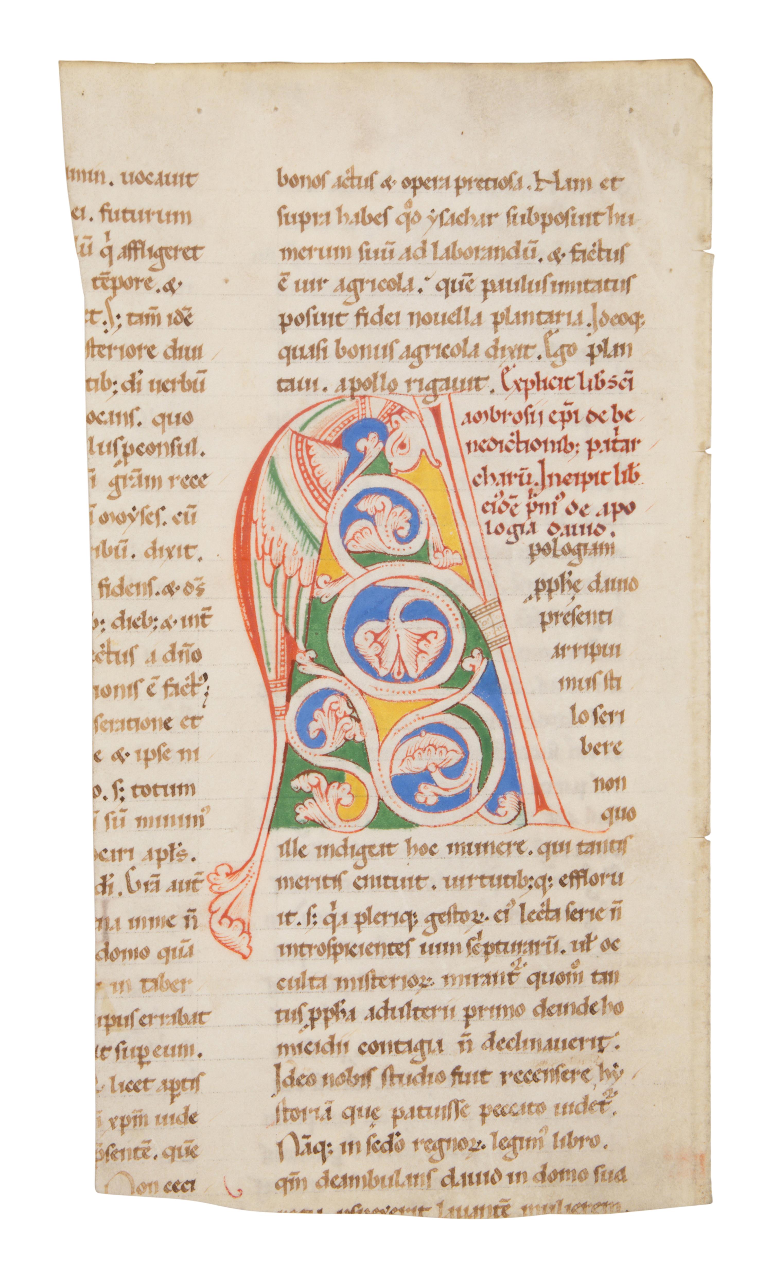 TUSCAN ILLUMINATOR Fragment with an initial ‘A’ from De patriarchis , in Latin, illuminated manuscript on parchment [Italy, Tuscany, c. 1150]