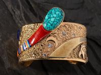 Tufa Cast 14K Gold Cuff Bracelet, with Mosaic Inlay Design Accented by Diamonds
