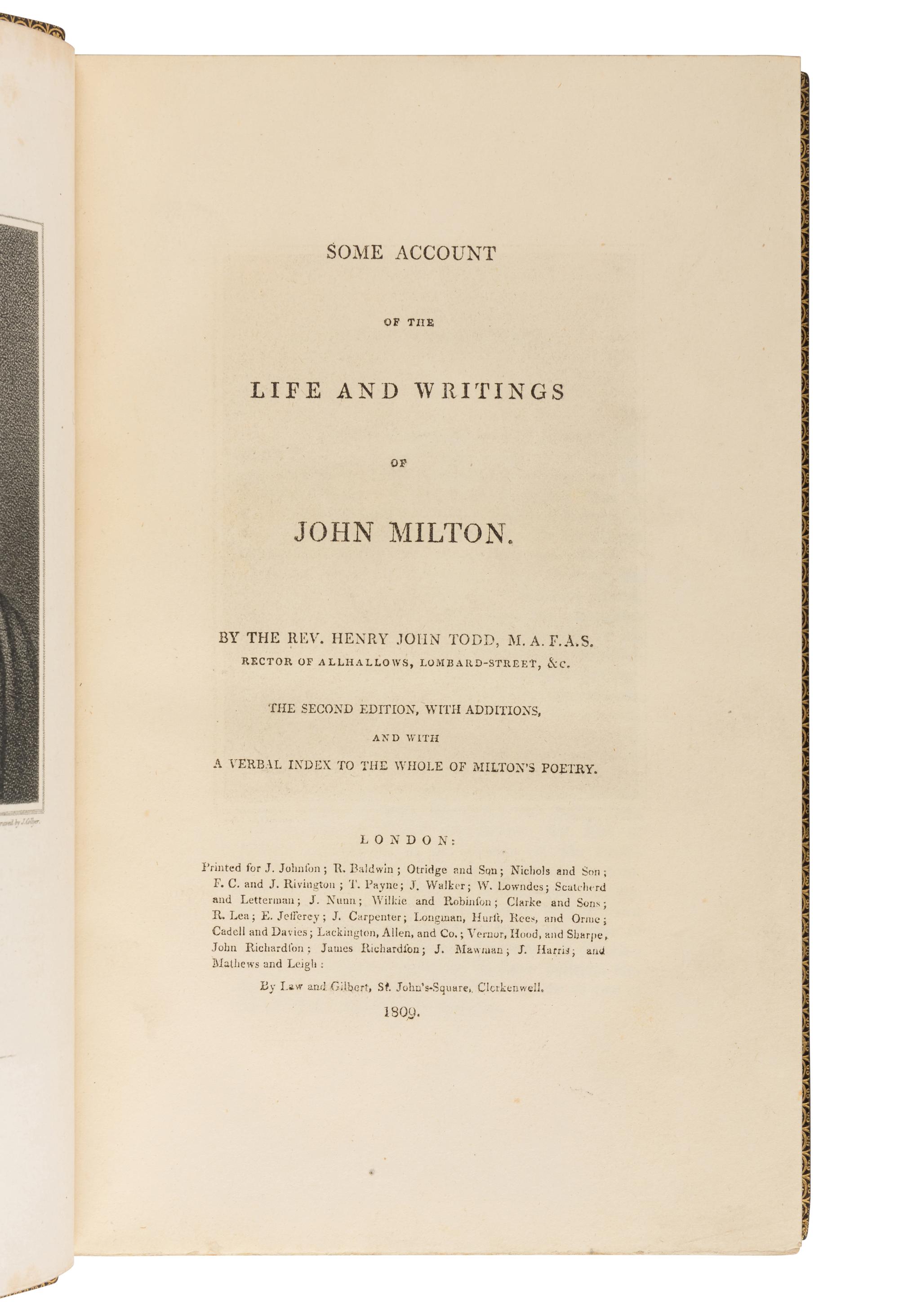 MILTON, John (1608-1674). The Poetical Works . 6 volumes. -- Some Account of the Life and Writings . Henry John Todd, editor. London: Bye and Law, and Law and Gilbert for J. Johnson et al, 1801-1809.