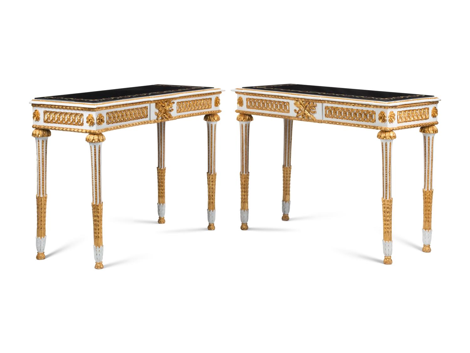 A Pair of Italian Neoclassical Style Painted and Parcel Gilt Specimen Marble-Top Console Tables