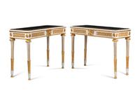 A Pair of Italian Neoclassical Style Painted and Parcel Gilt Specimen Marble-Top Console Tables