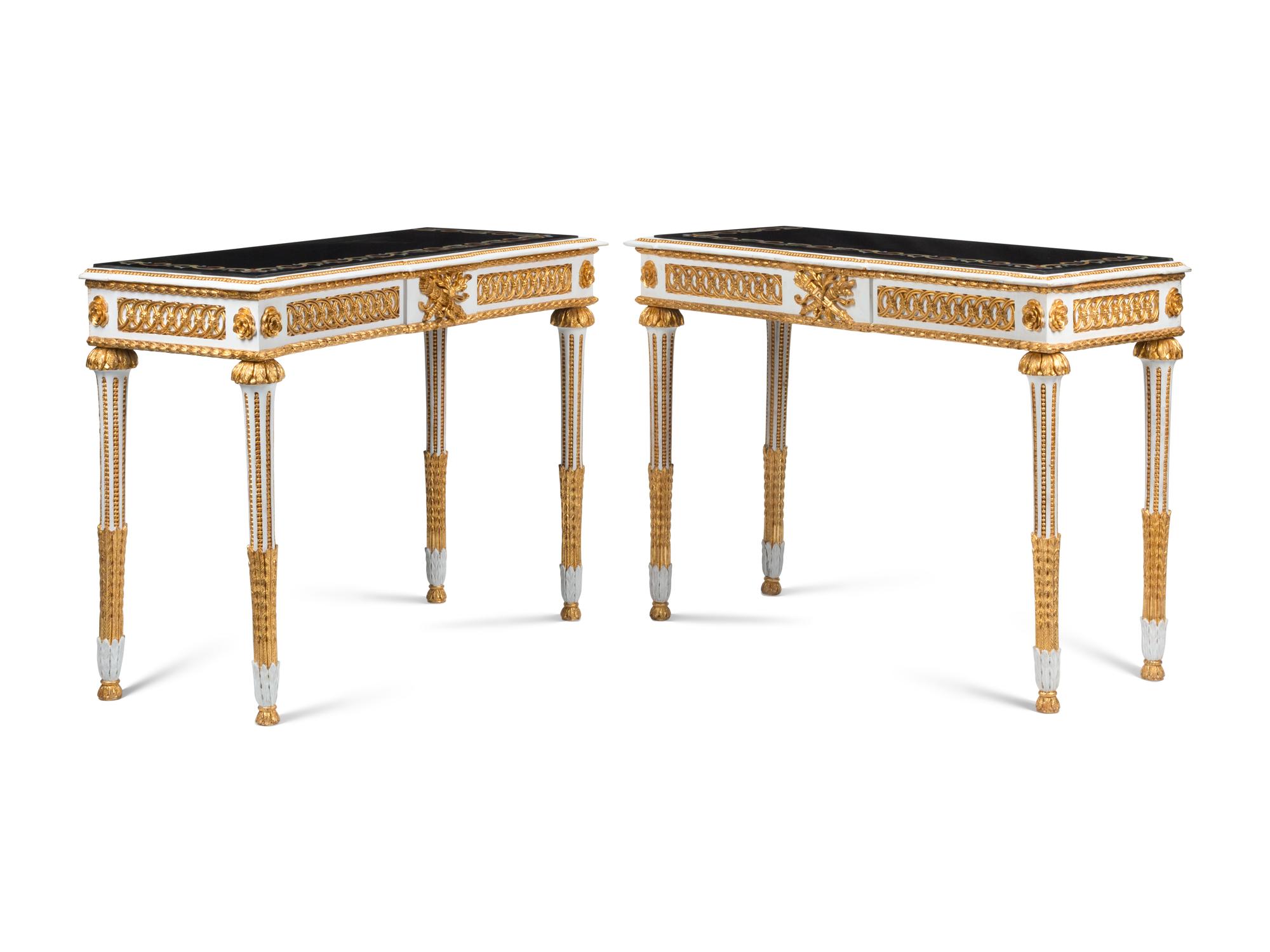 A Pair of Italian Neoclassical Style Painted and Parcel Gilt Specimen Marble-Top Console Tables