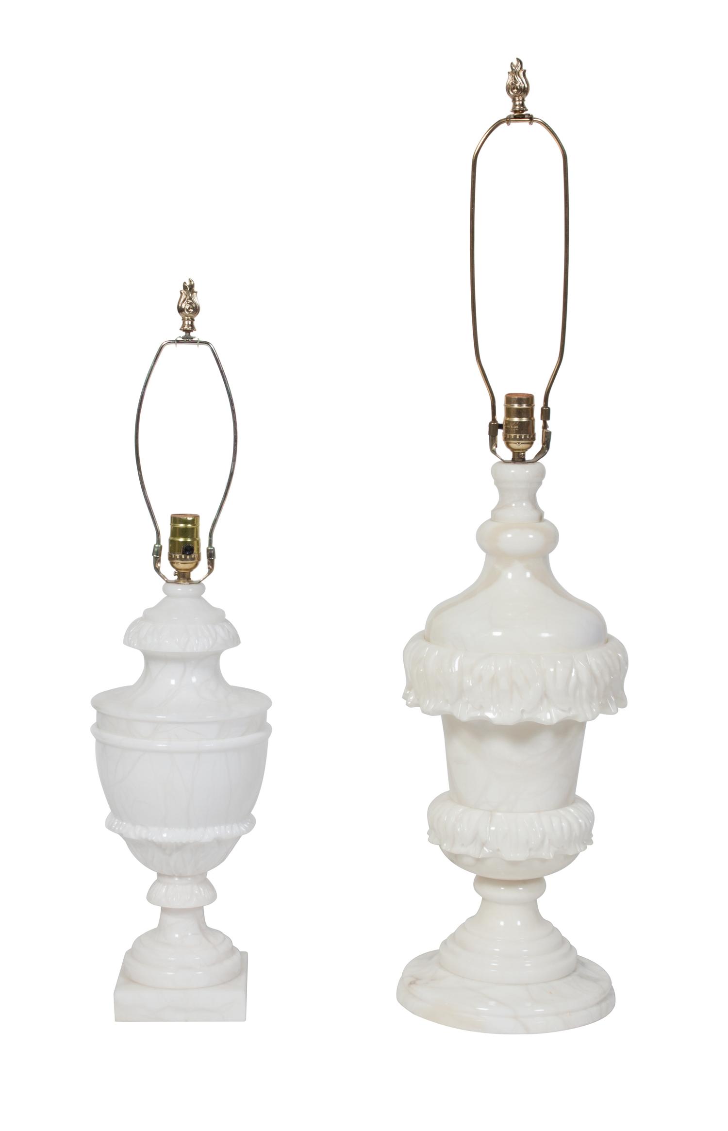 An Assembled Pair of Carved Alabaster Table Lamps Height of taller 36 inches. — 20TH CENTURY