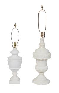 An Assembled Pair of Carved Alabaster Table Lamps Height of taller 36 inches. — 20TH CENTURY