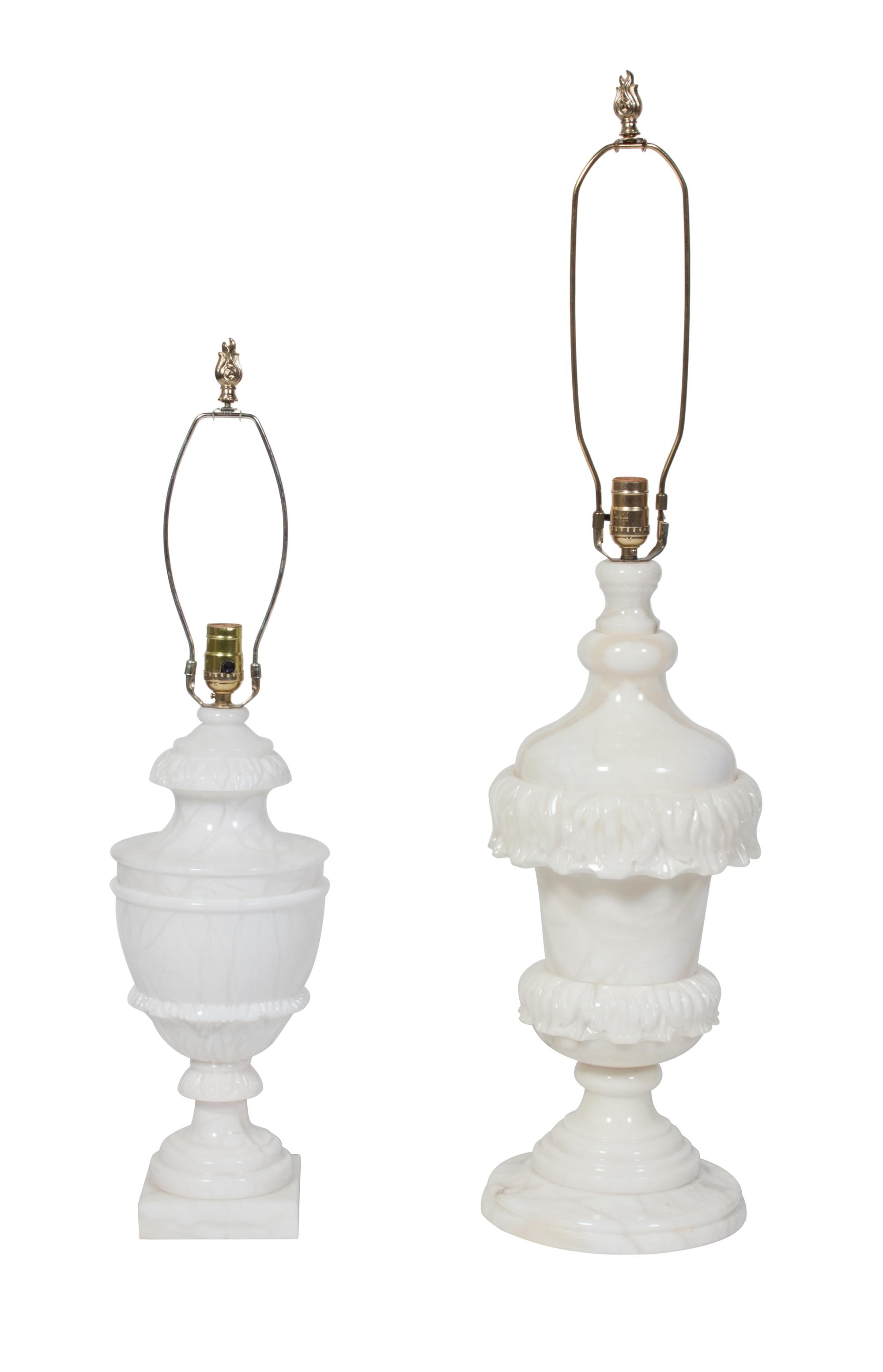 An Assembled Pair of Carved Alabaster Table Lamps Height of taller 36 inches. — 20TH CENTURY