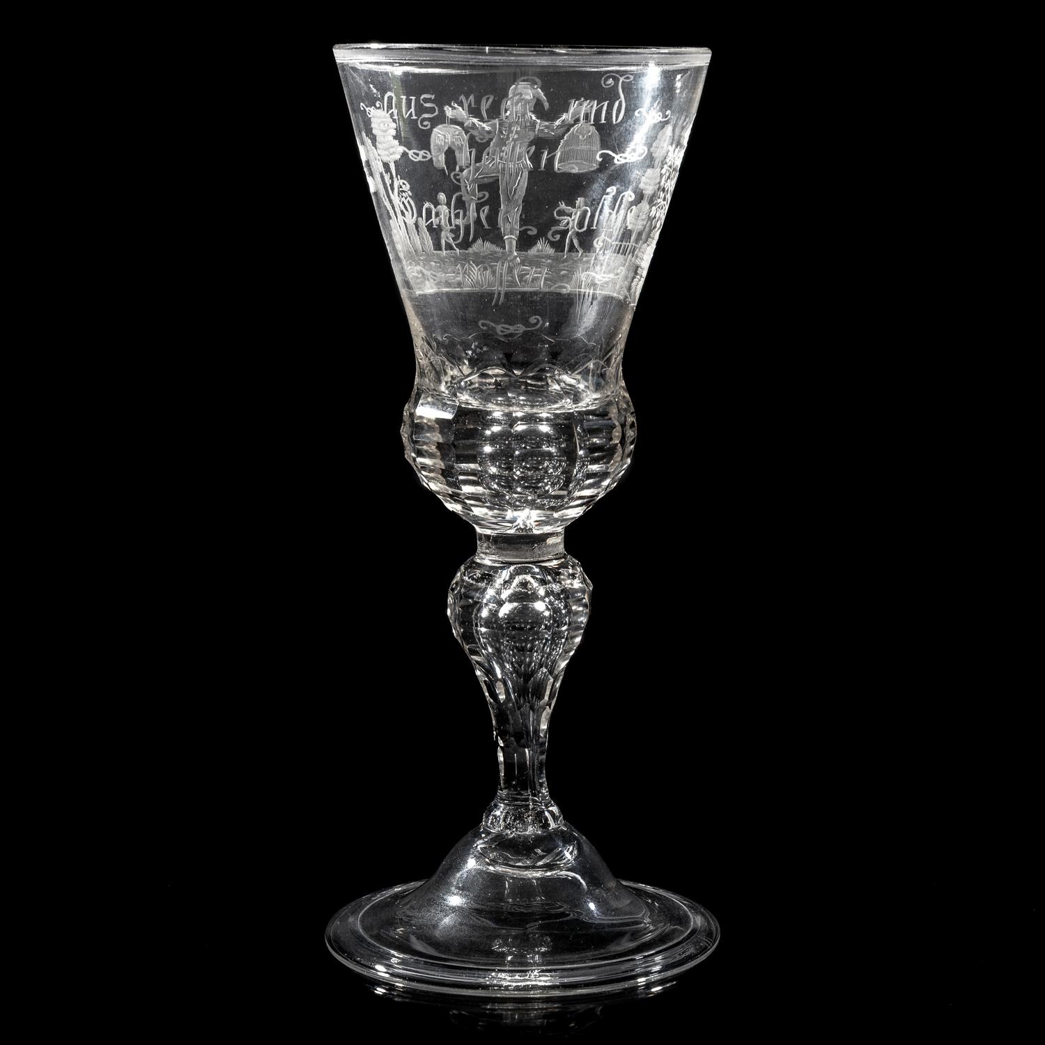 A German Engraved and Faceted Glass Wine Stem