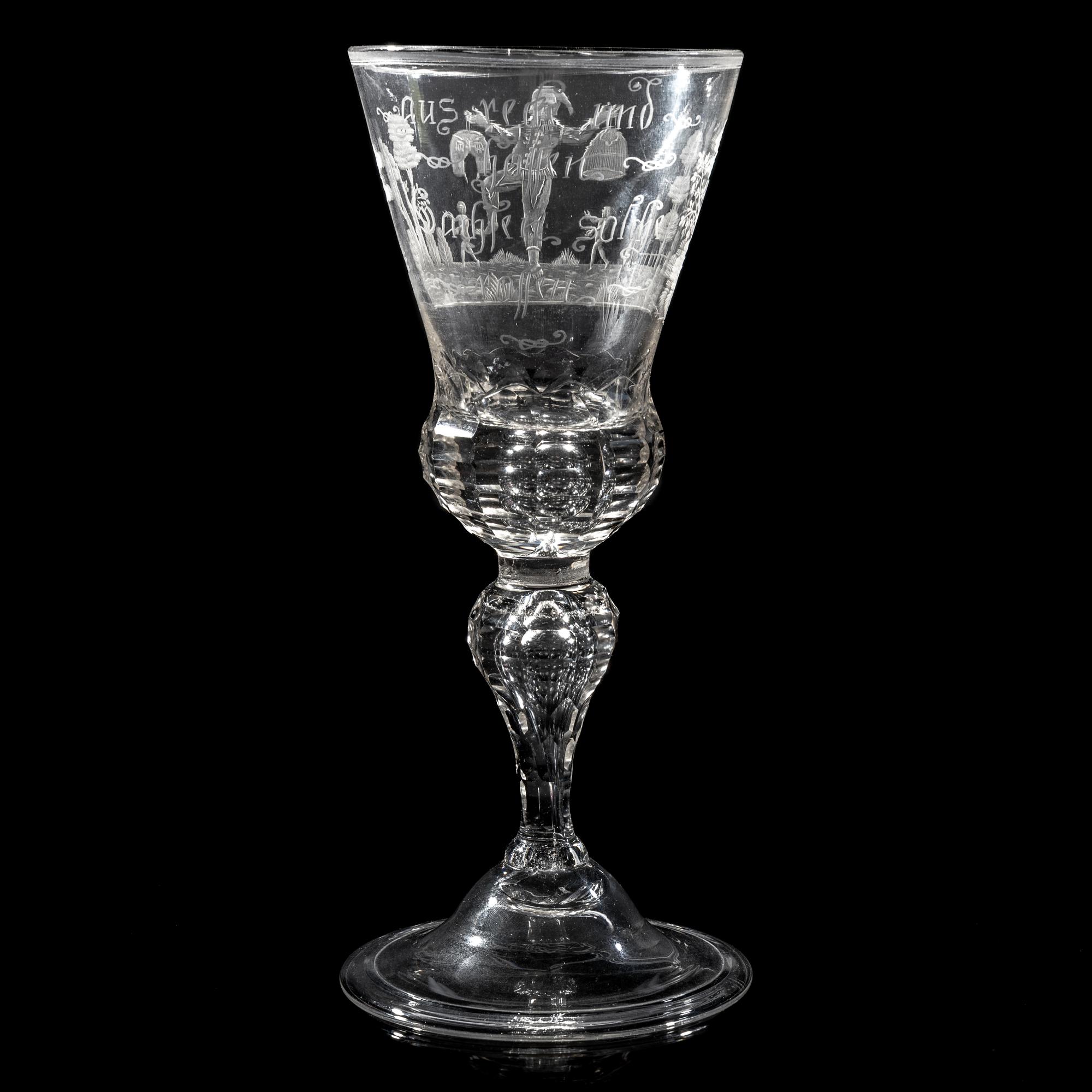 A German Engraved and Faceted Glass Wine Stem