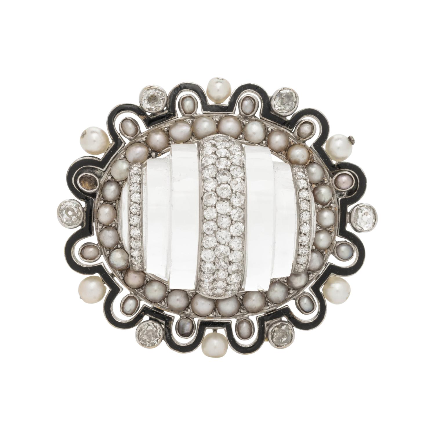 ROCK CRYSTAL, DIAMOND AND CULTURED PEARL BROOCH