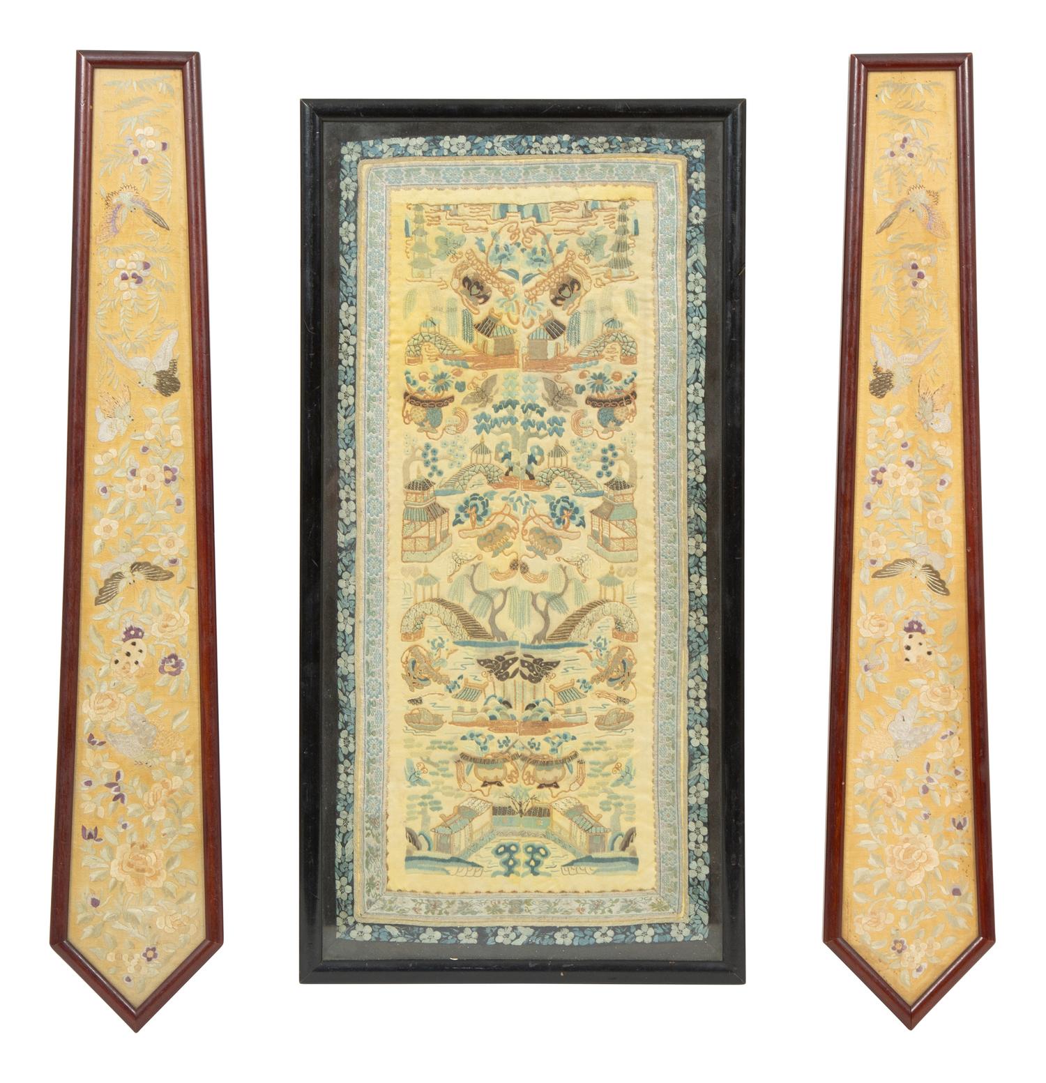 Three Chinese Framed Embroidered Silk Panels