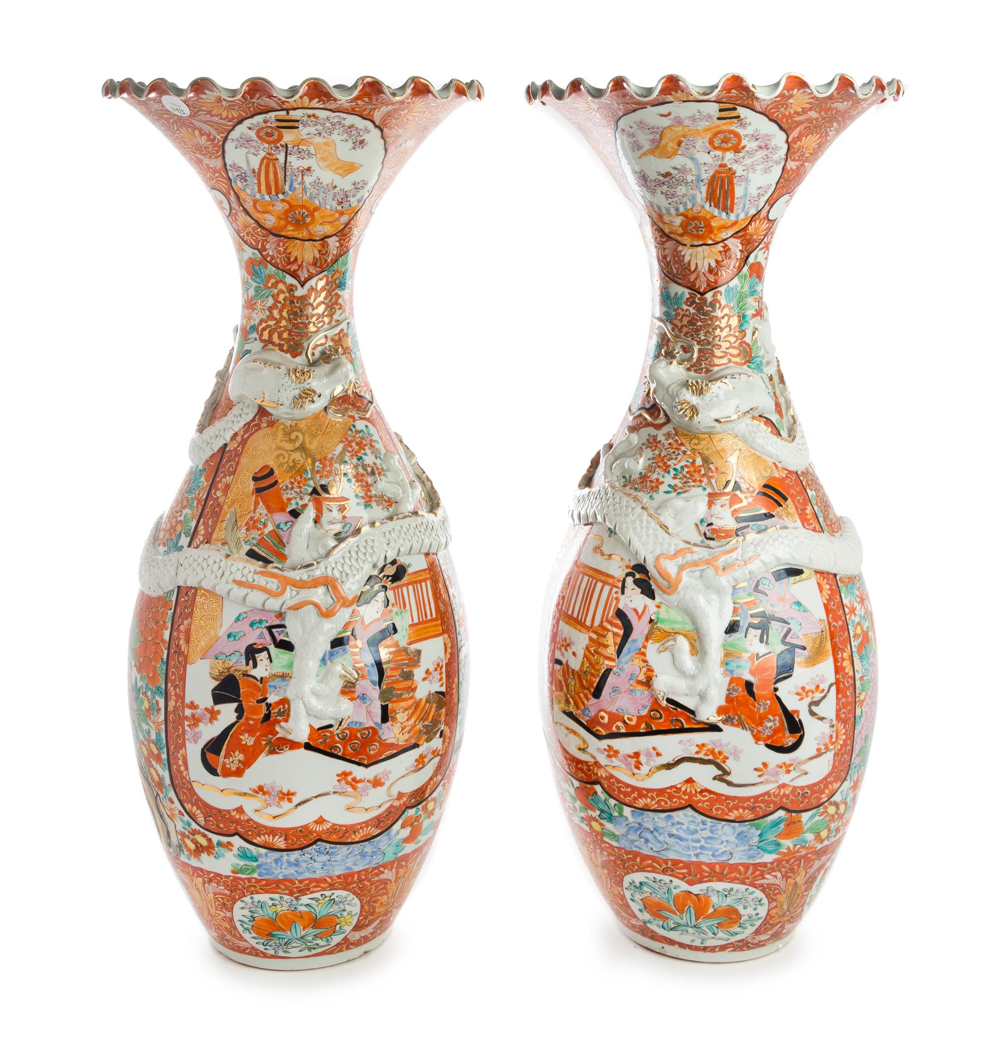 A Pair of Japanese Kutani Porcelain Vases Height 30 inches.