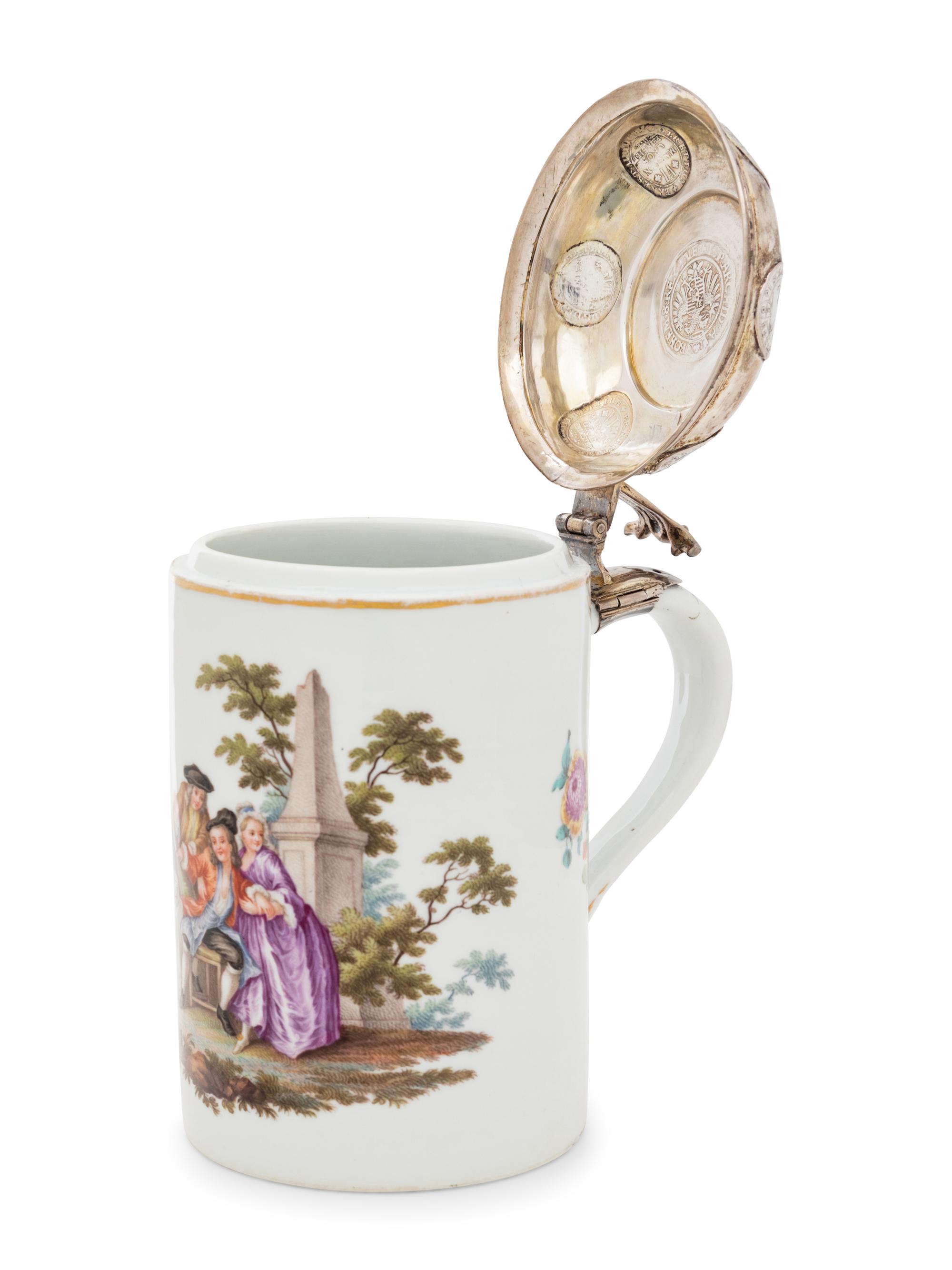 A Silver Mounted Meissen Porcelain Tankard