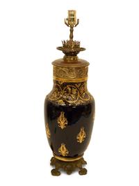 A Gilt Metal Mounted Cobalt and Gilt Decorated Porcelain Table Lamp