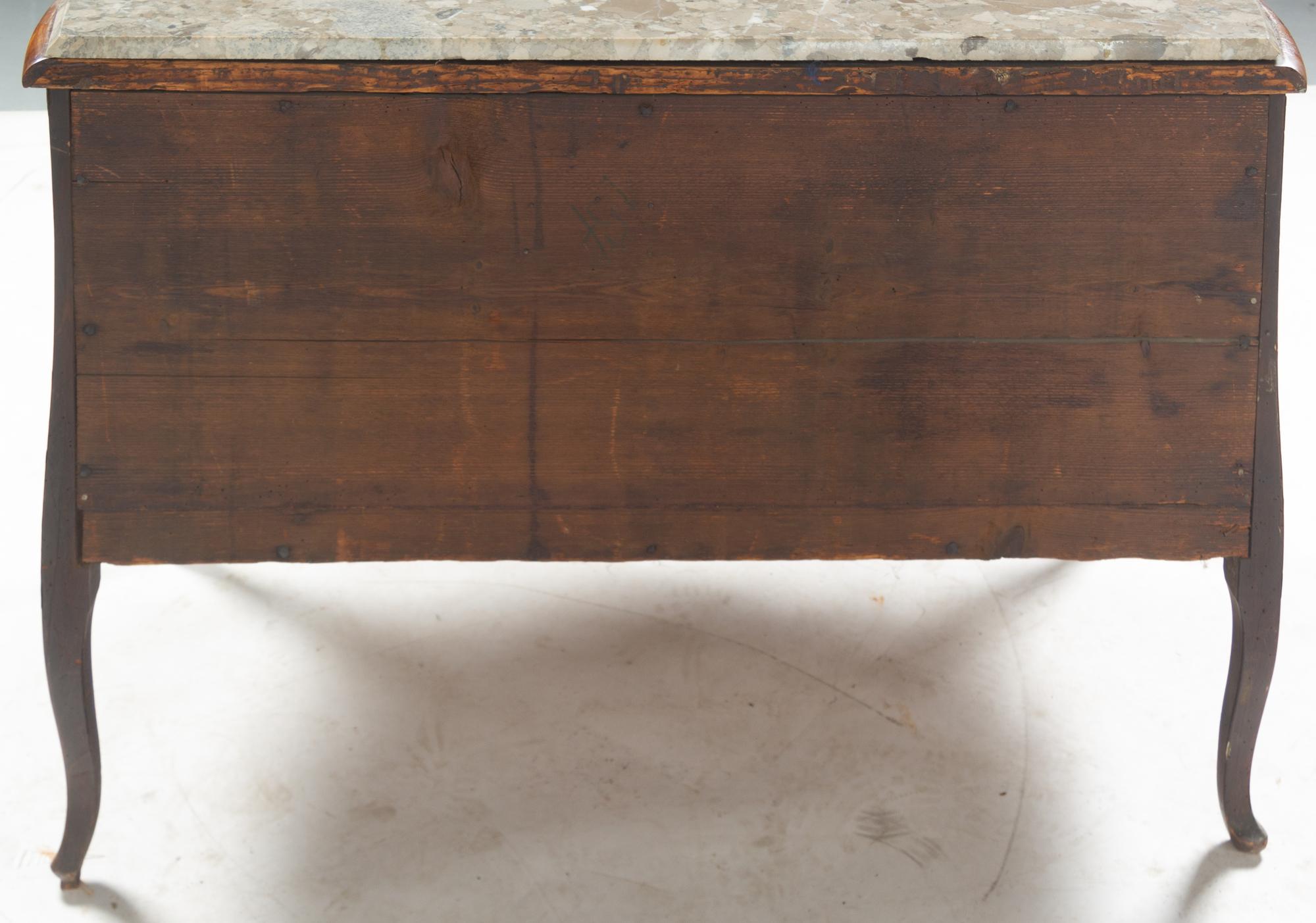 A Louis XV Style Gilt Bronze Mounted Parquetry Marble-Top Commode