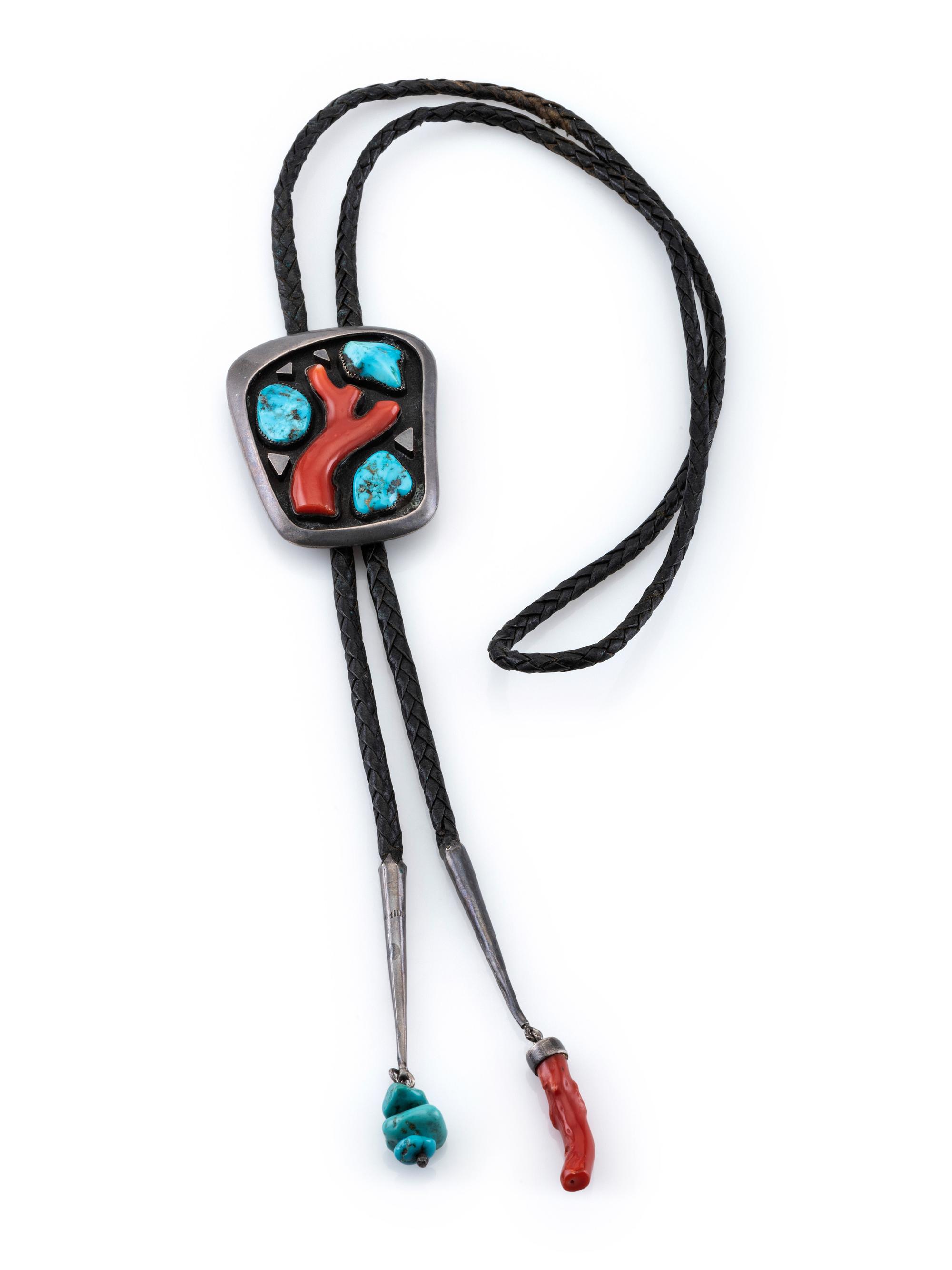 Southwestern-style Sterling Silver Bolo Tie, set with Coral and Turquoise in a Shadow Box Design