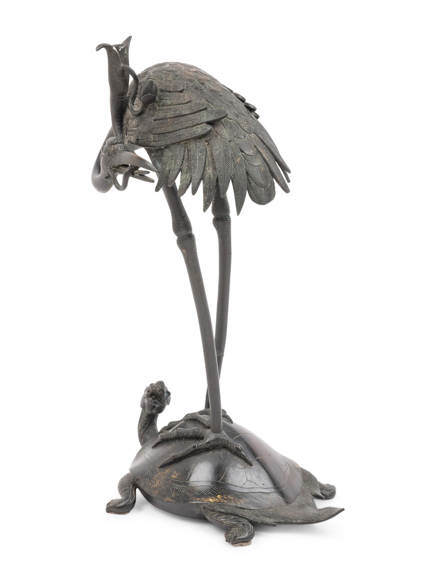A Japanese Bronze Figural Group of a Crane and a Turtle