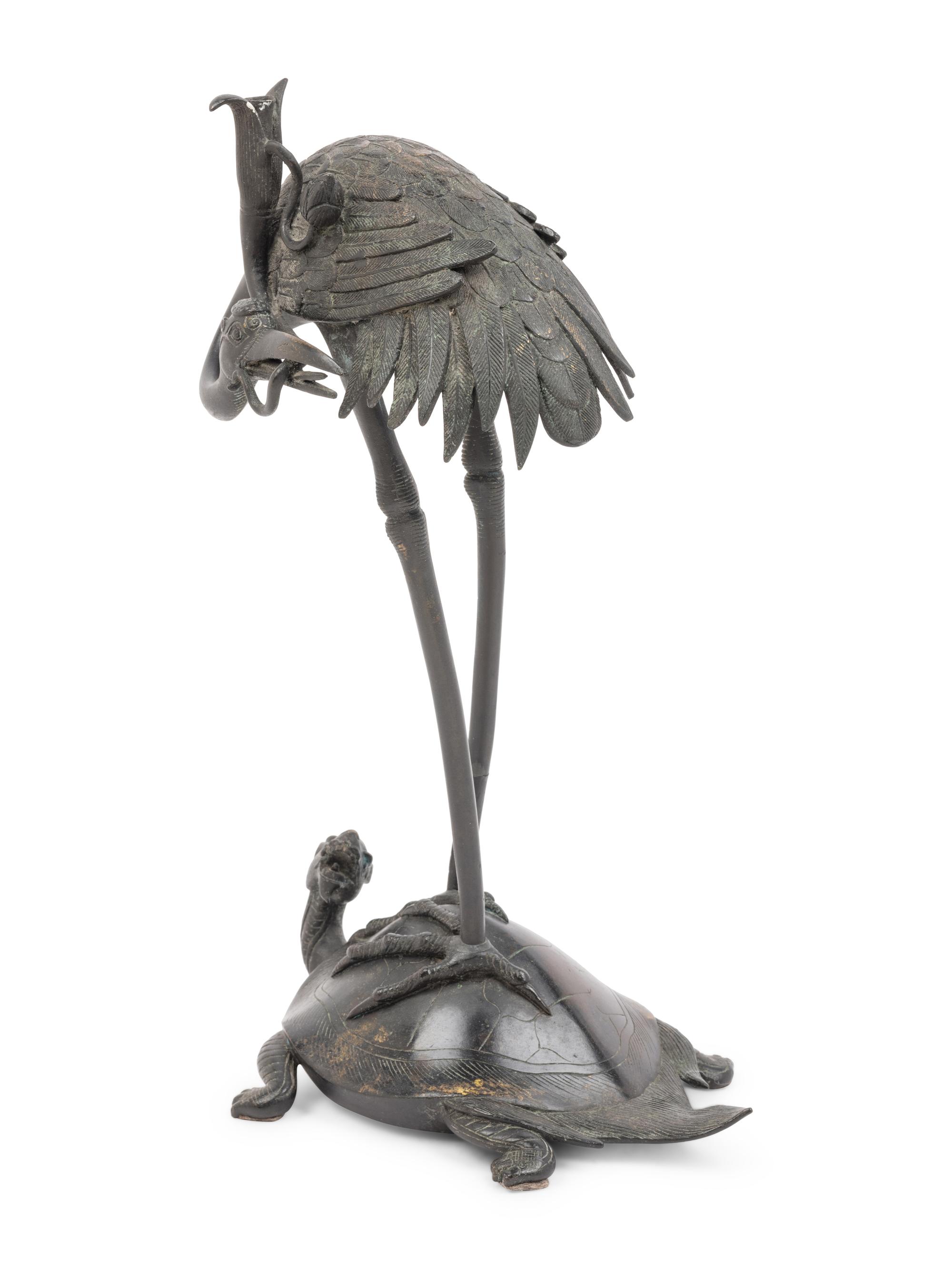 A Japanese Bronze Figural Group of a Crane and a Turtle
