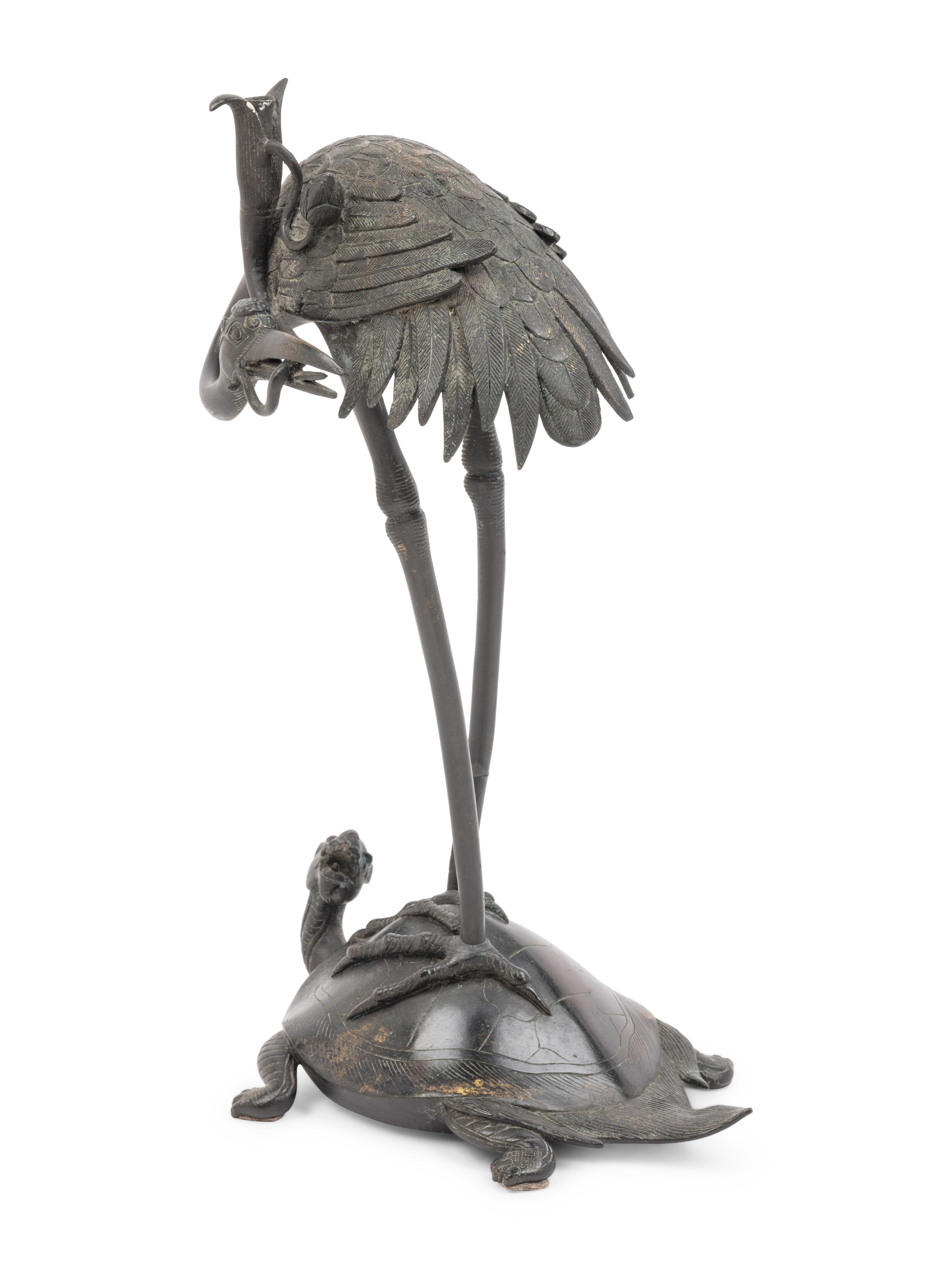 A Japanese Bronze Figural Group of a Crane and a Turtle