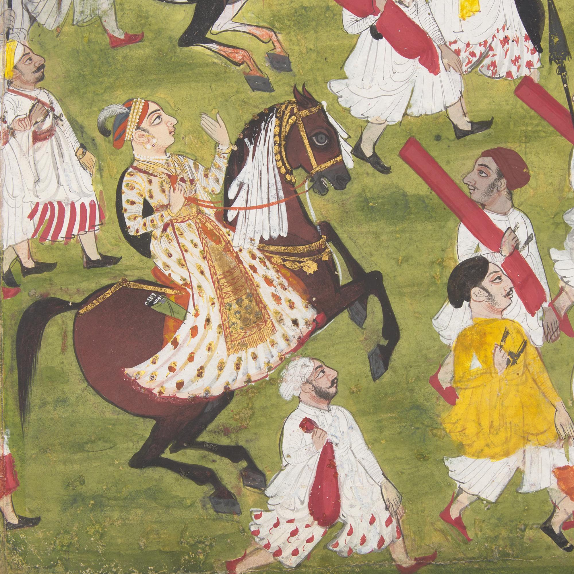 A Portrait Painting of a Royal Procession with Two Equestrian Princes, Rajasthan, Mewar, First Half of 18th Century