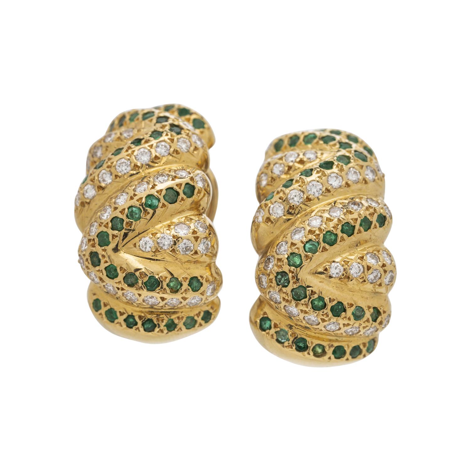 YELLOW GOLD, EMERALD AND DIAMOND EARCLIPS