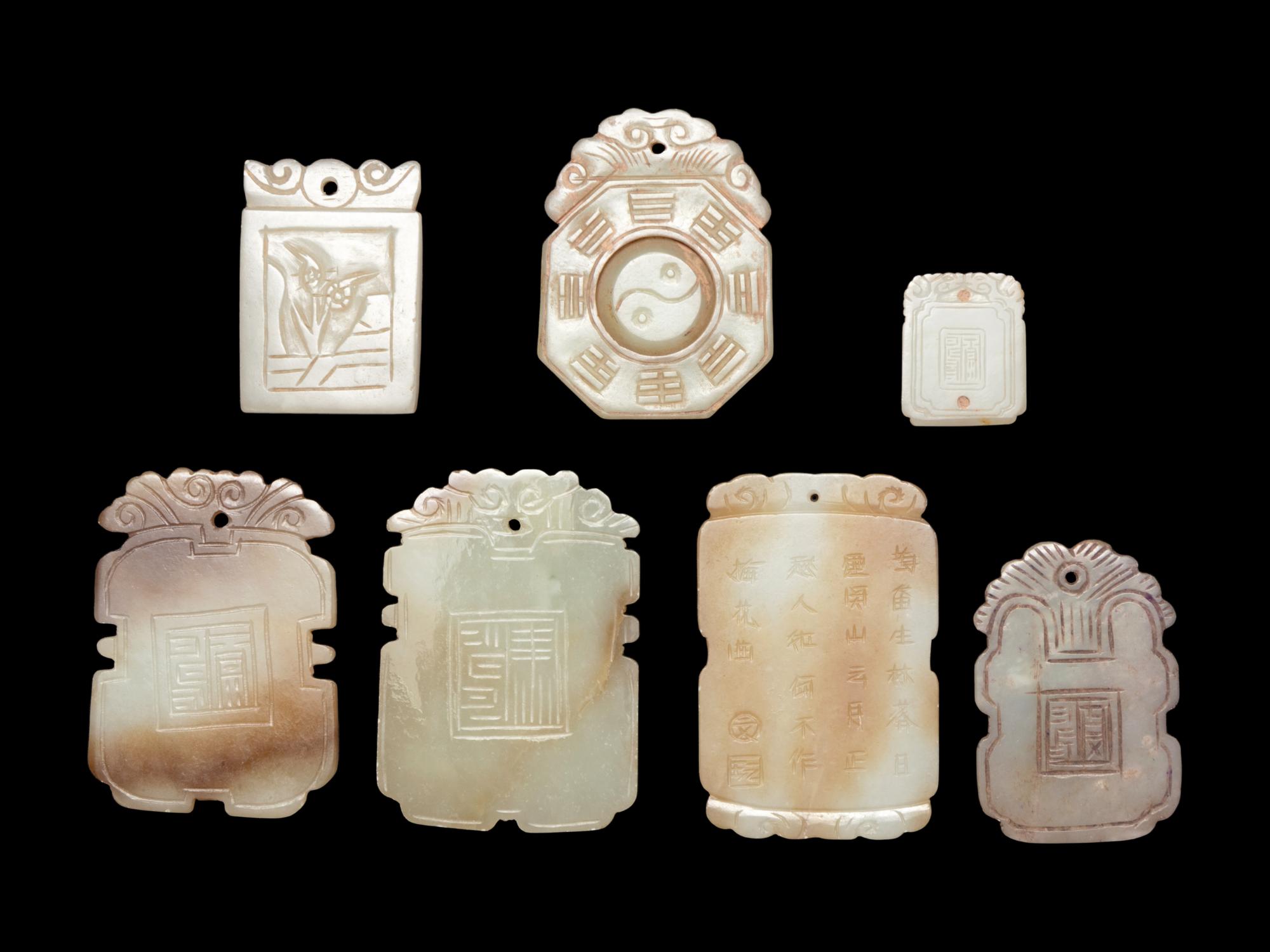 Seven Chinese Celadon Jade Carved Plaques