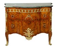 A Louis XVI Style Gilt Bronze Mounted Marquetry Marble-Top Commode