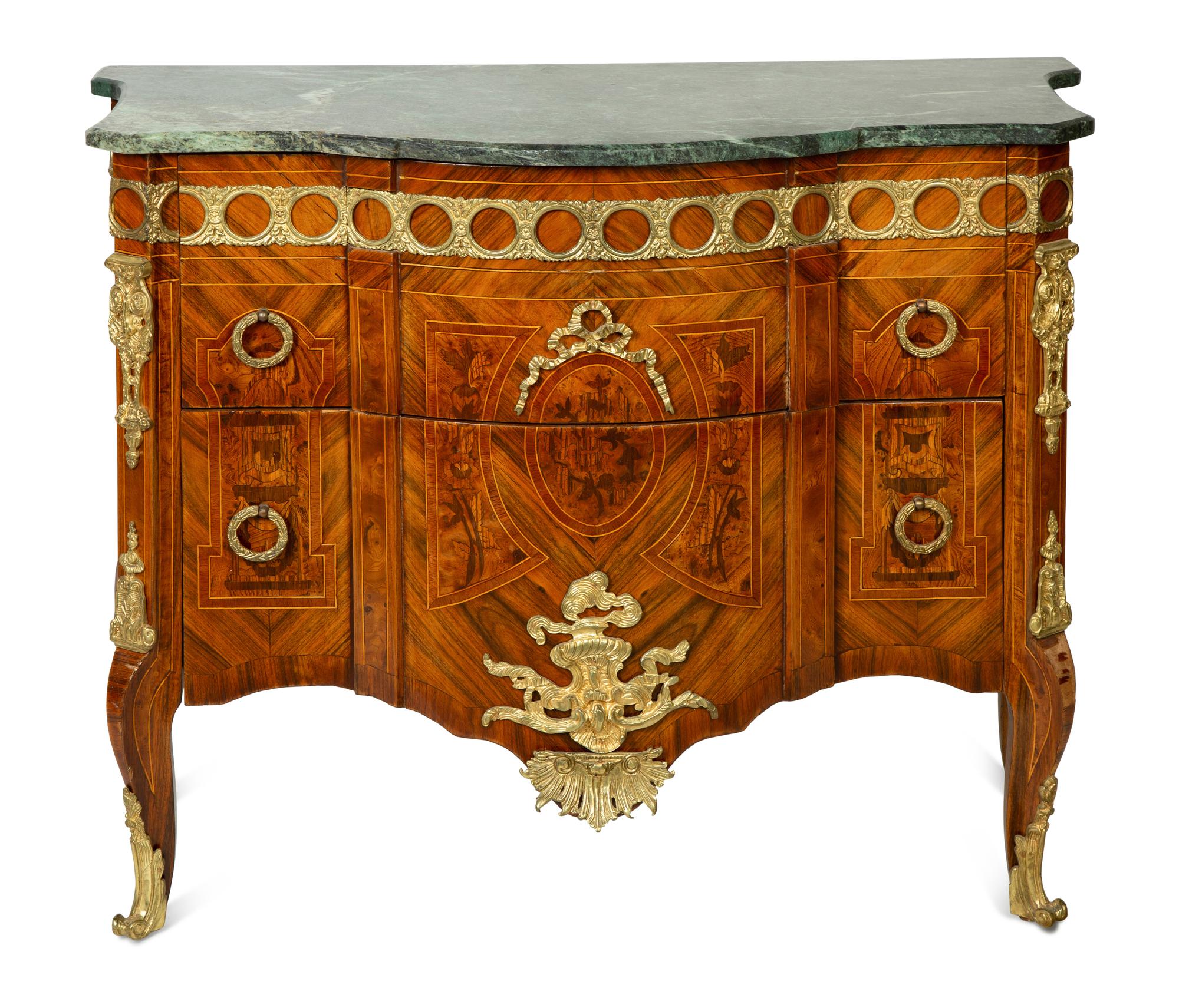 A Louis XVI Style Gilt Bronze Mounted Marquetry Marble-Top Commode