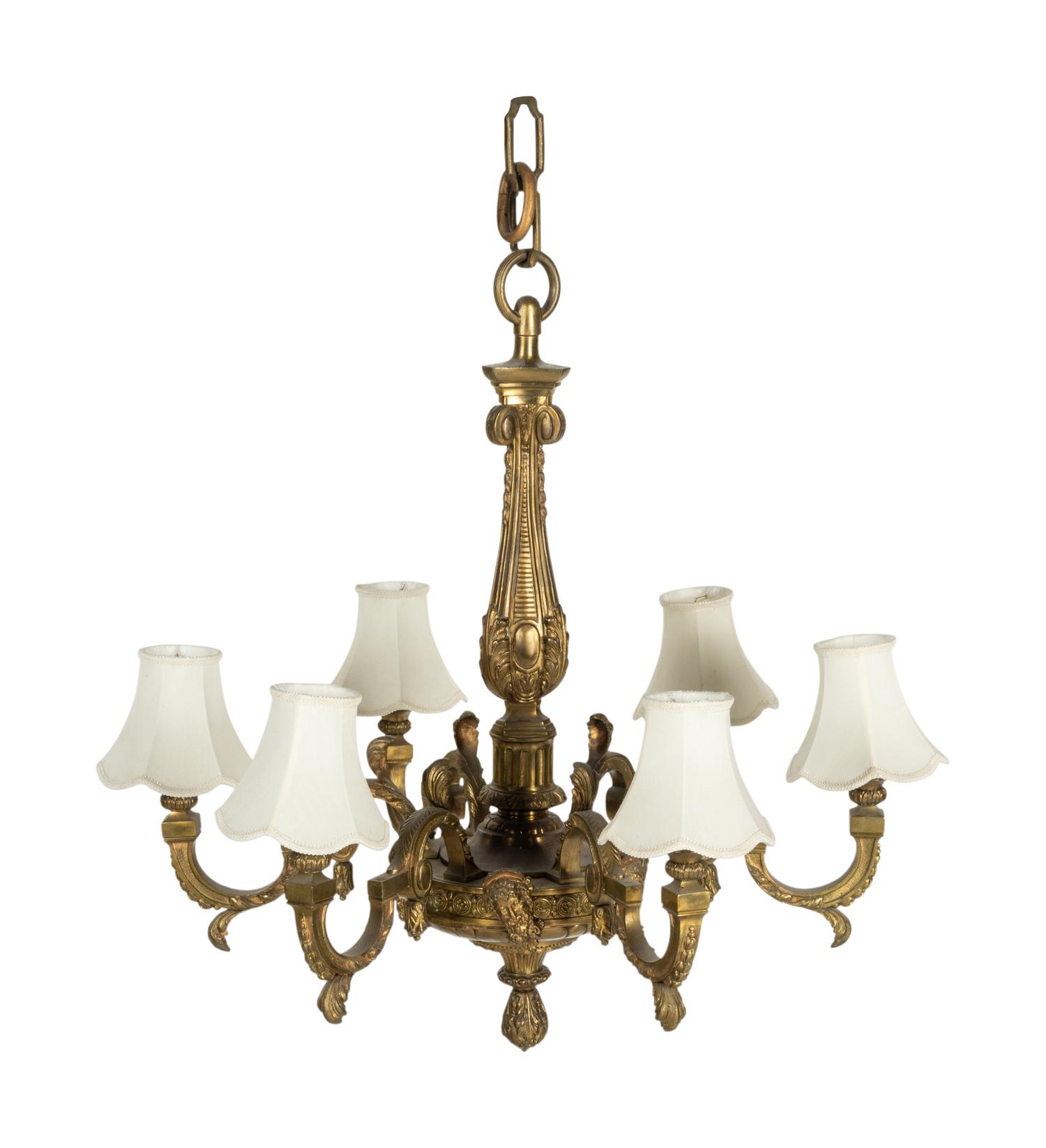 A Continental Neoclassical Gilt Bronze Six-Light Chandelier