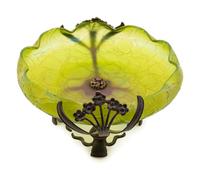 A Loetz Style Green Glass and Patinated Metal Mounted Bowl