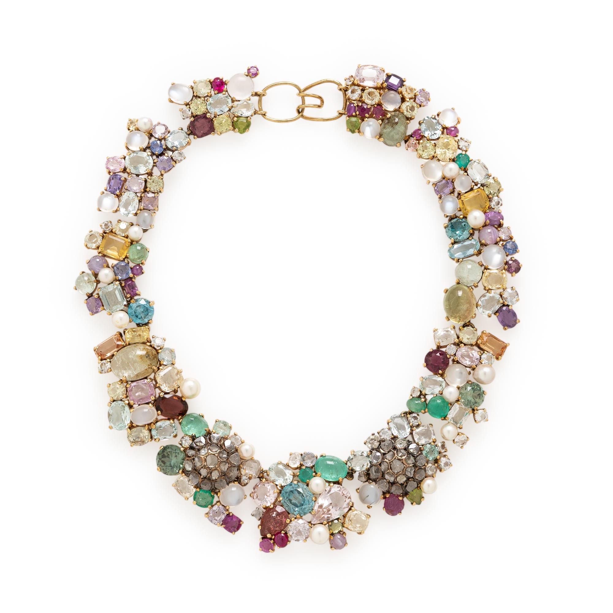 Multigem and Yellow Gold Collar Necklace