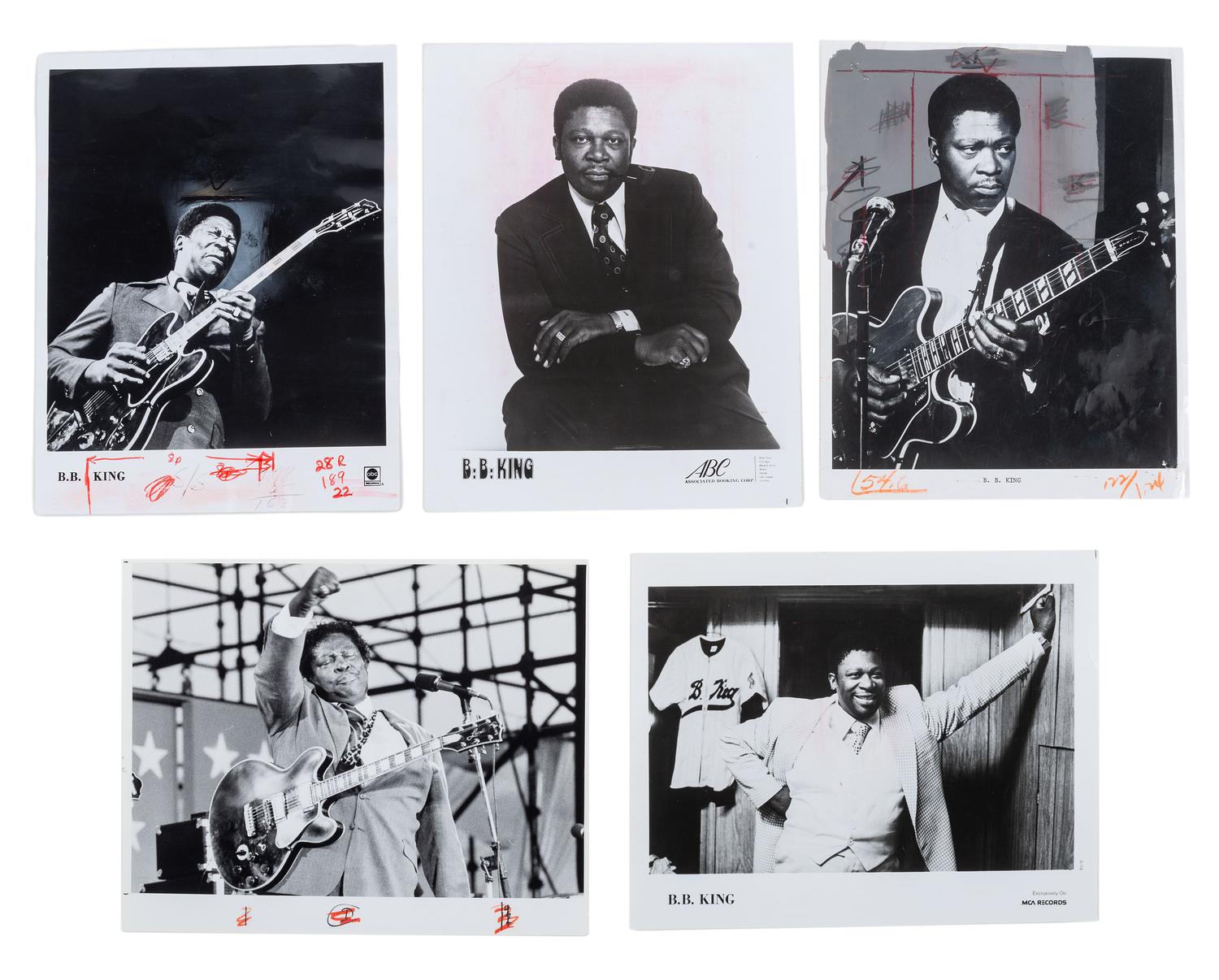 [MUSIC] -- [KING, B.B. (1925-2015)]. A group of 6 items related to B.B. King, highlighted by an autographed business card (“B.B. King”), and press photographs. Ca 1970s-80s.