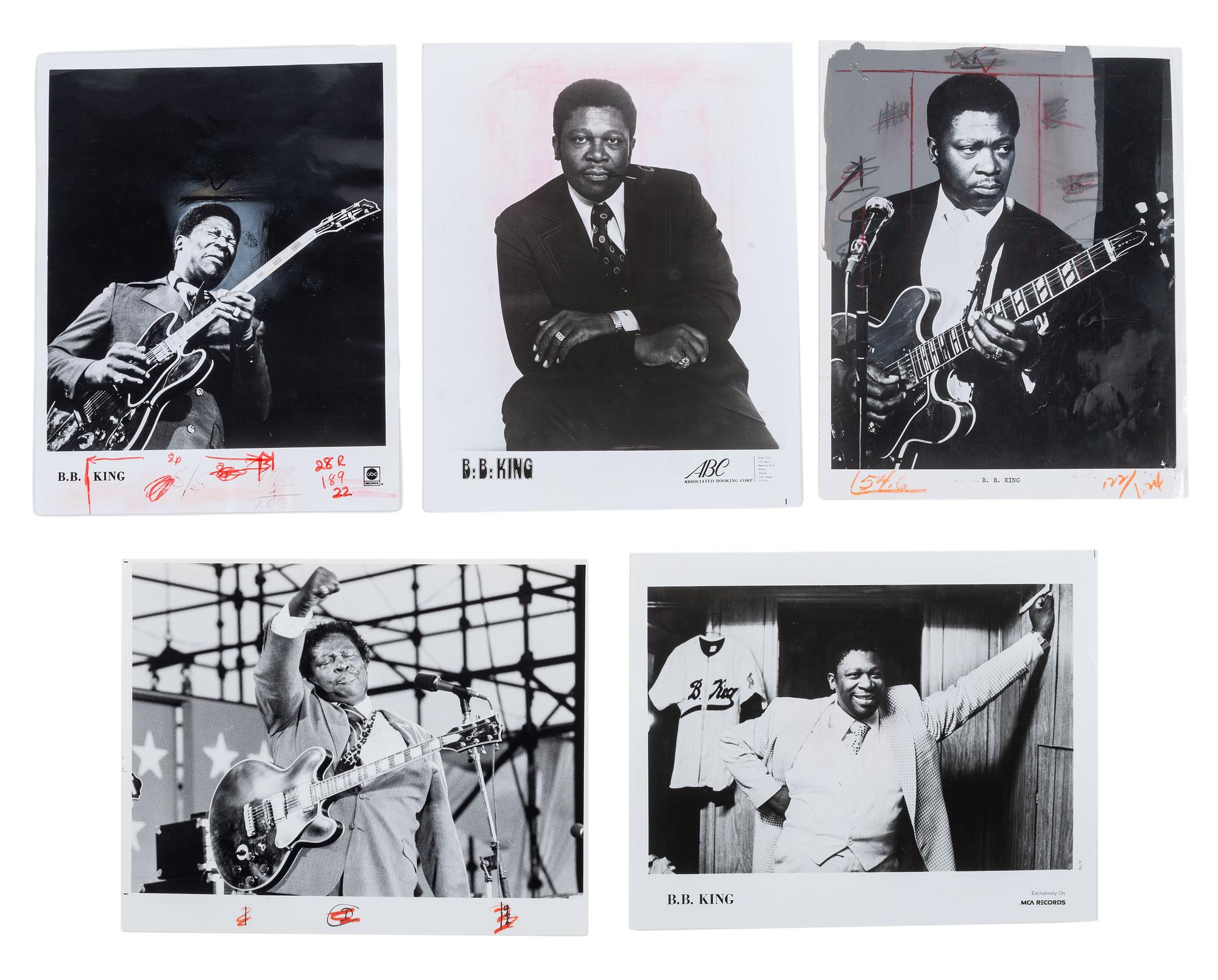 [MUSIC] -- [KING, B.B. (1925-2015)]. A group of 6 items related to B.B. King, highlighted by an autographed business card (“B.B. King”), and press photographs. Ca 1970s-80s.