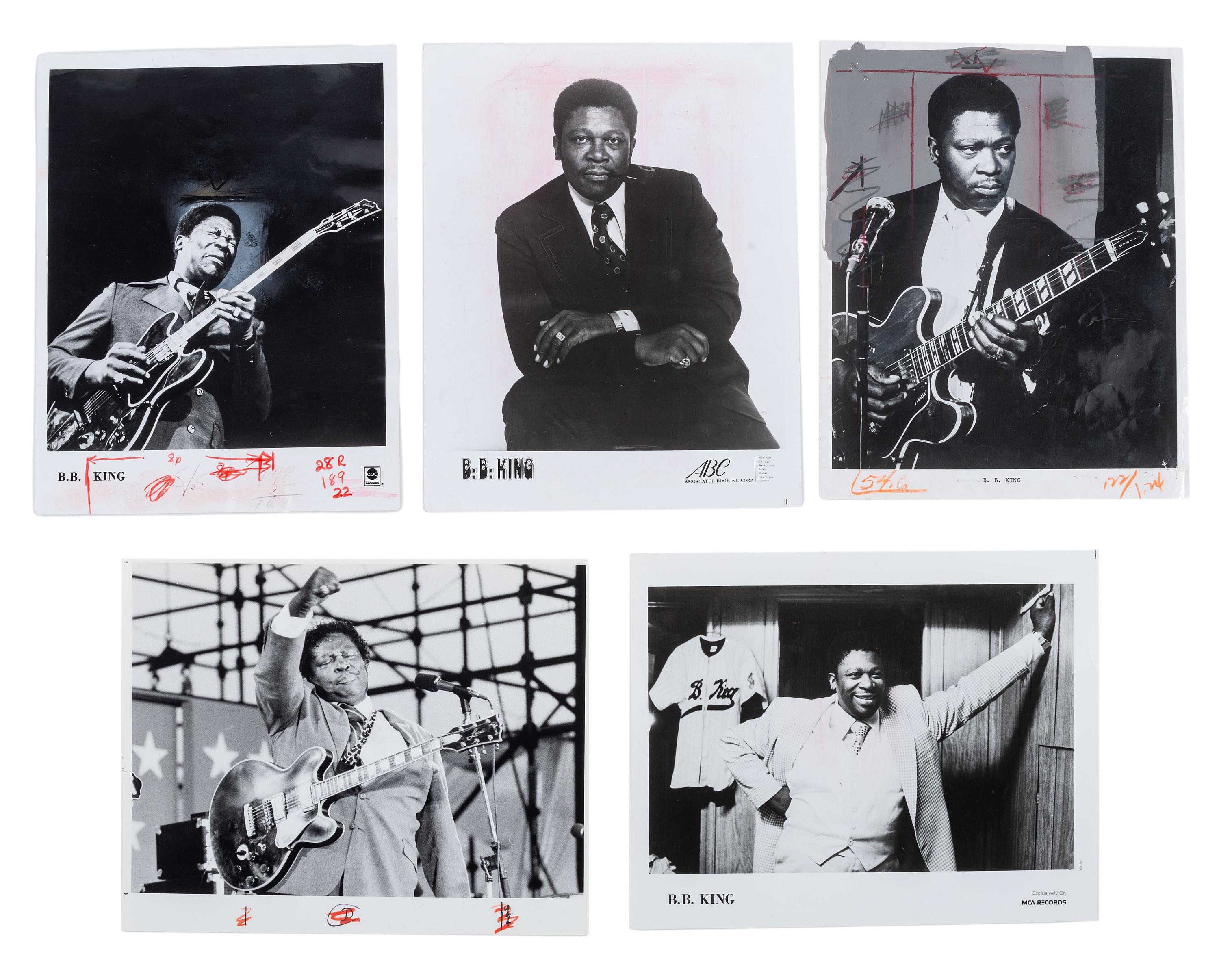 [MUSIC] -- [KING, B.B. (1925-2015)]. A group of 6 items related to B.B. King, highlighted by an autographed business card (“B.B. King”), and press photographs. Ca 1970s-80s.