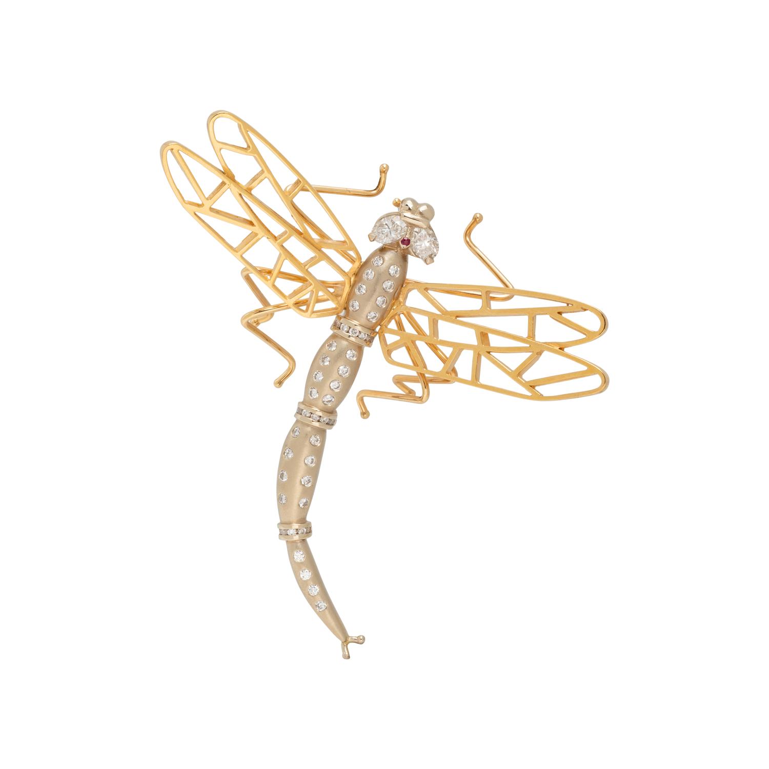 BICOLOR GOLD AND DIAMOND DRAGONFLY BROOCH