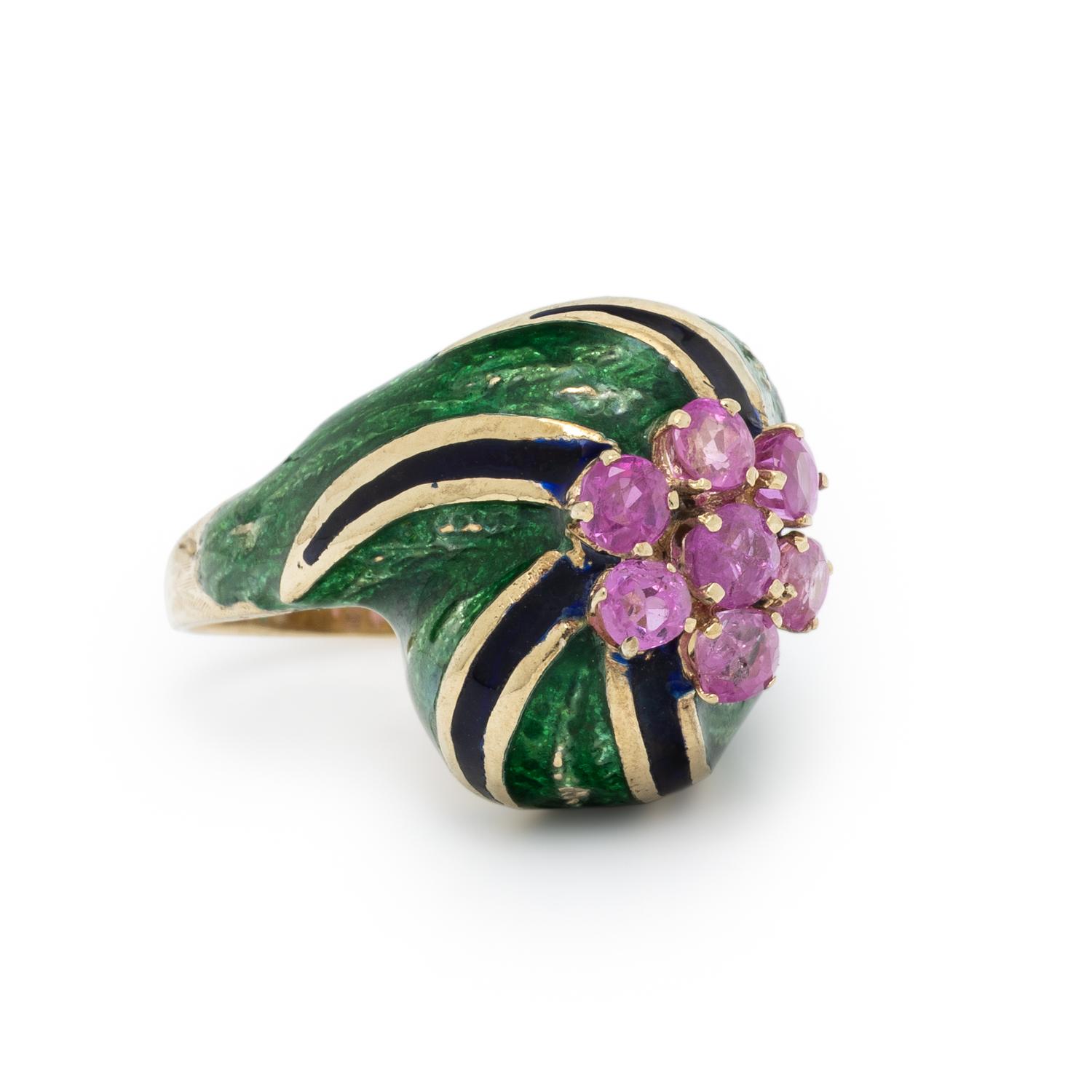 PINK SAPPHIRE, ENAMEL, AND YELLOW GOLD RING