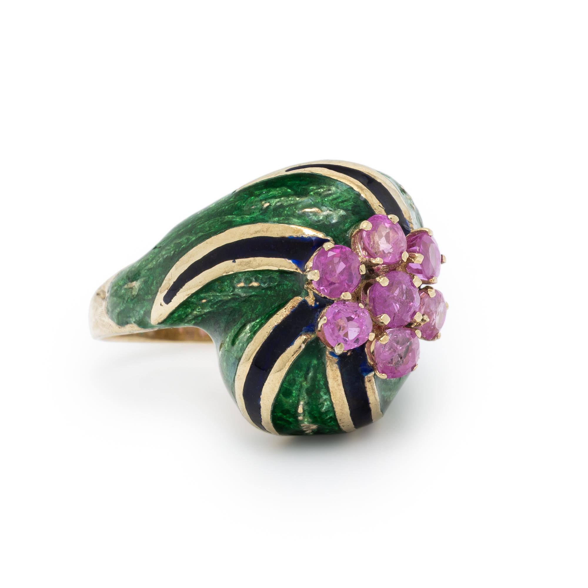 PINK SAPPHIRE, ENAMEL, AND YELLOW GOLD RING