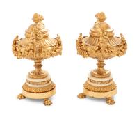 A Pair of Louis XV Style Gilt Bronze and White Marble Covered Urns