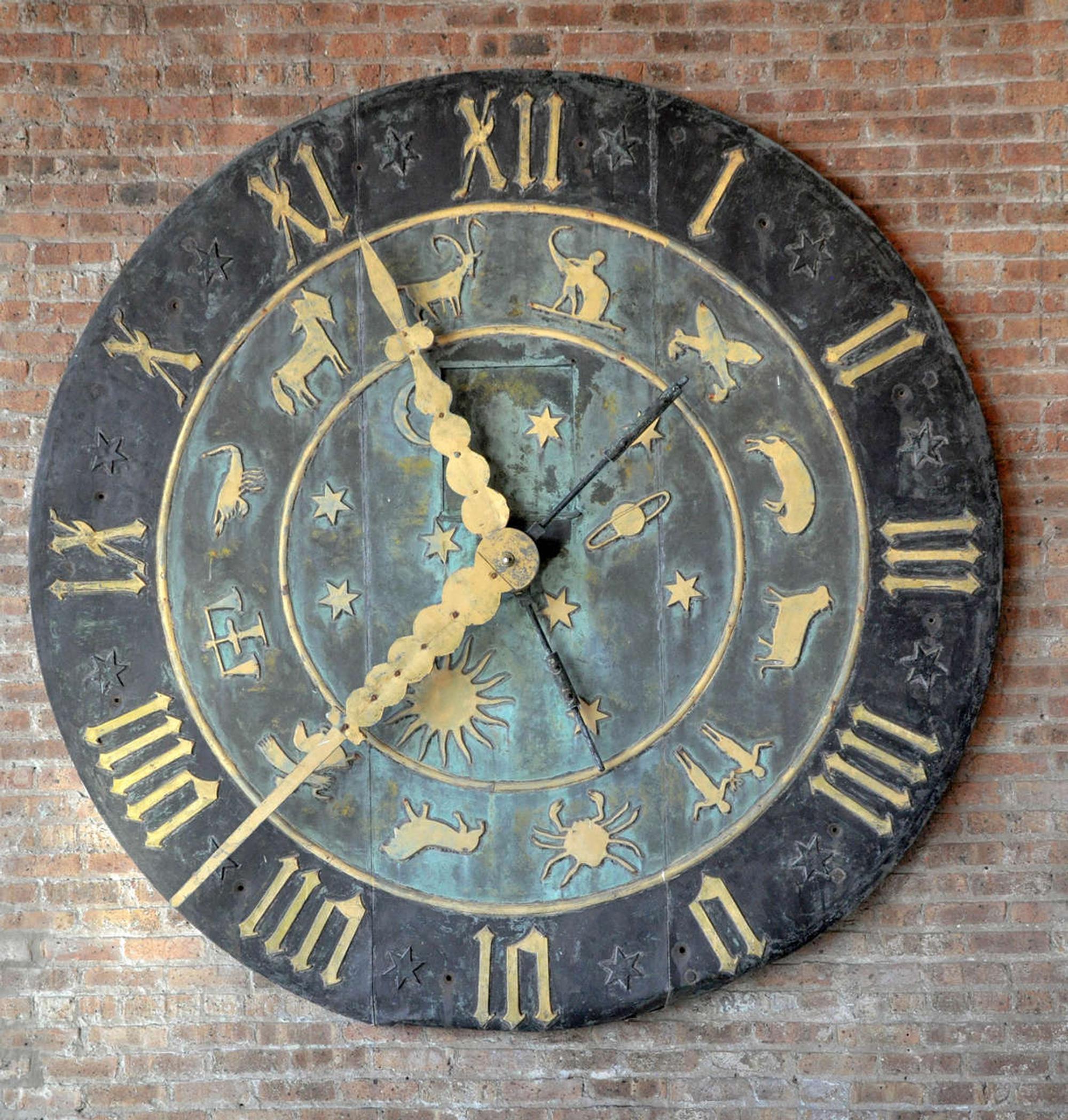 A Zinc Zodiac Clock Face from the Schlitz Brewery 90.5" W x 4.5" D x 90.5" H — United States, Late 19th Century