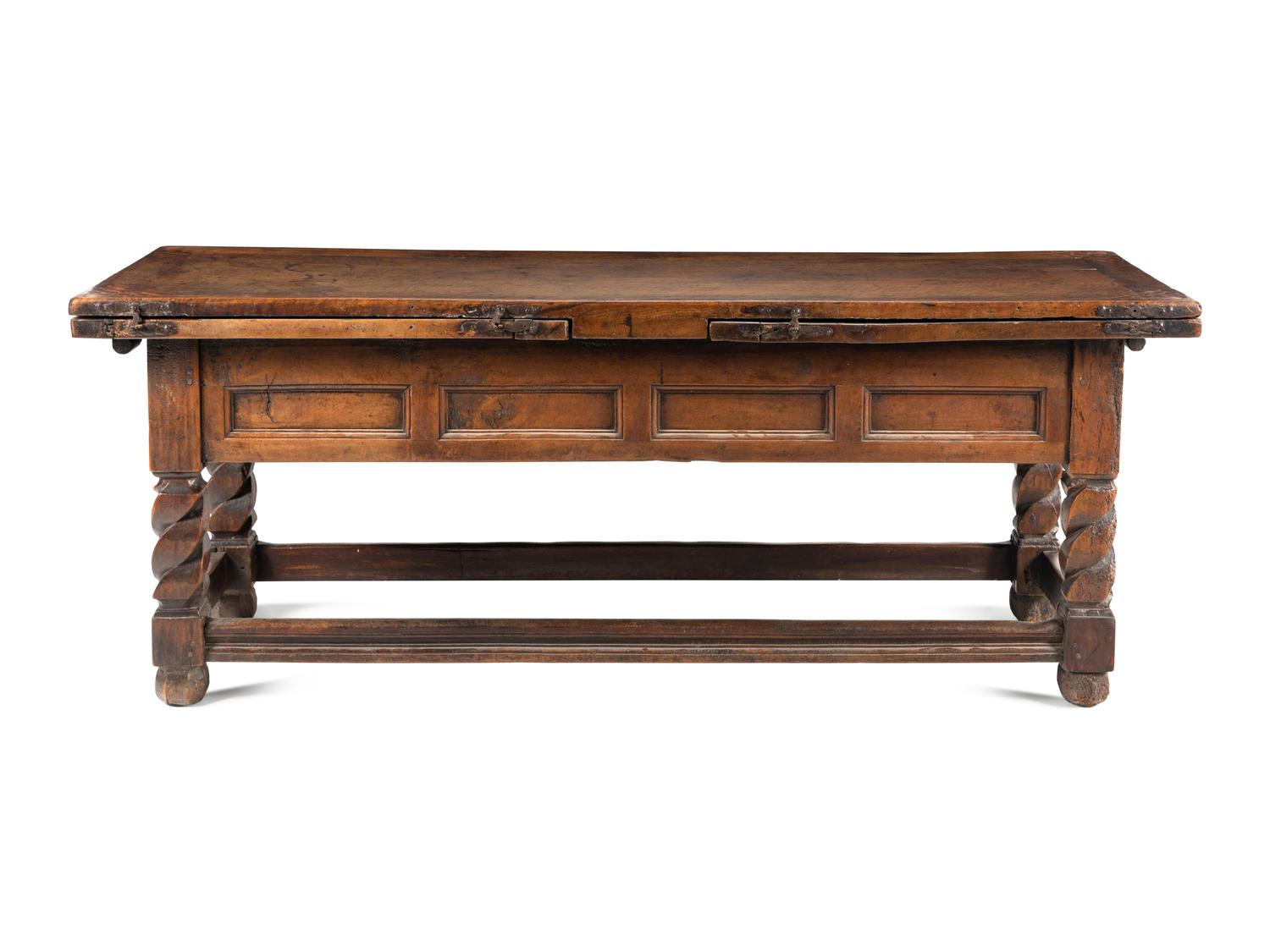 A Swiss Baroque Walnut and Hollywood Marquetry Draw-Leaf Table