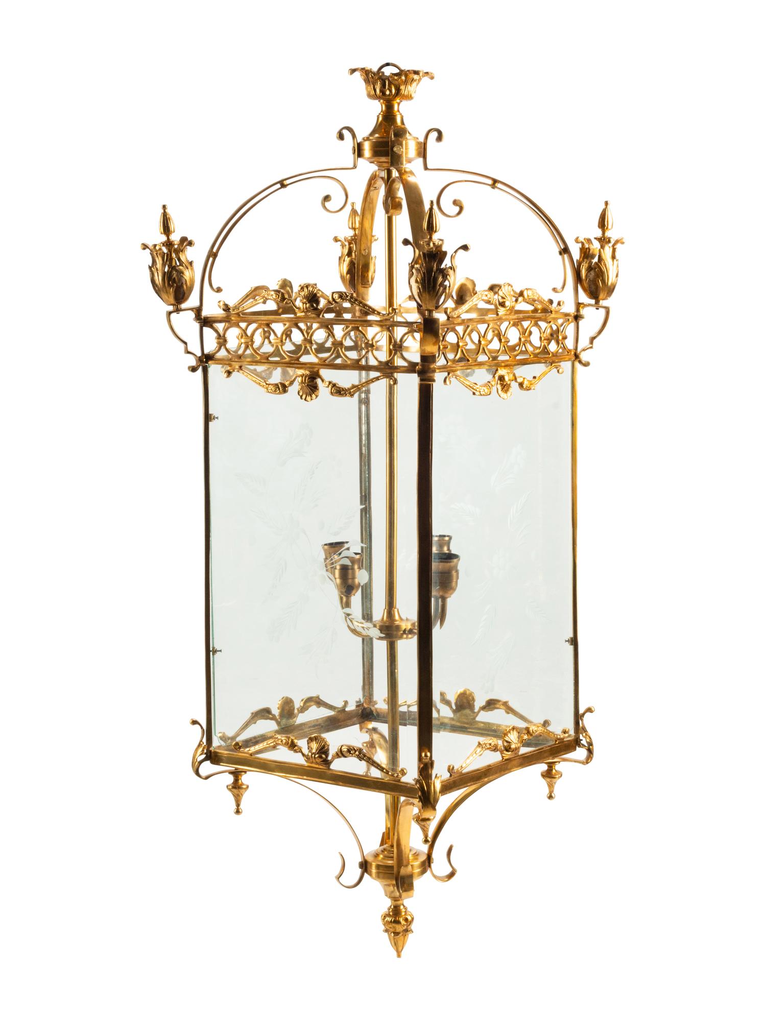 A Pair of Louis XVI Style Gilt Bronze and Etched Glass Hall Lanterns