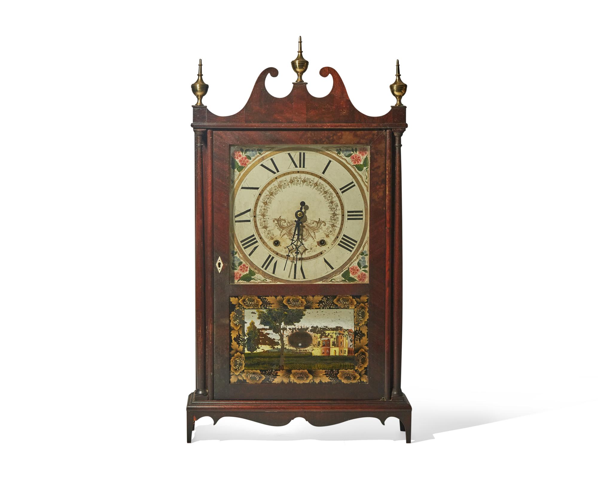 A Federal mahogany pillar and scroll mantel clock, patented by Eli Terry, made by Seth Thomas, Plymouth, CT, circa 1820