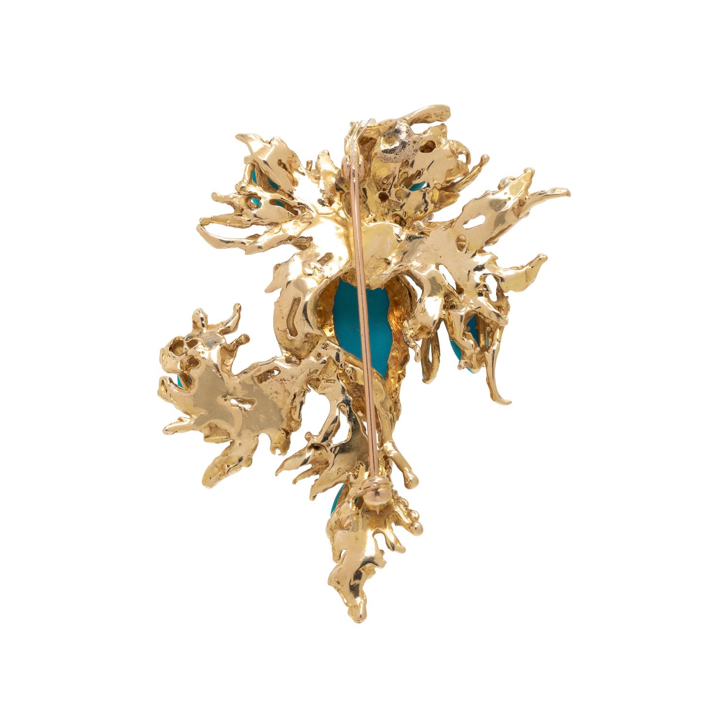 YELLOW GOLD, TURQUOISE AND DIAMOND BROOCH
