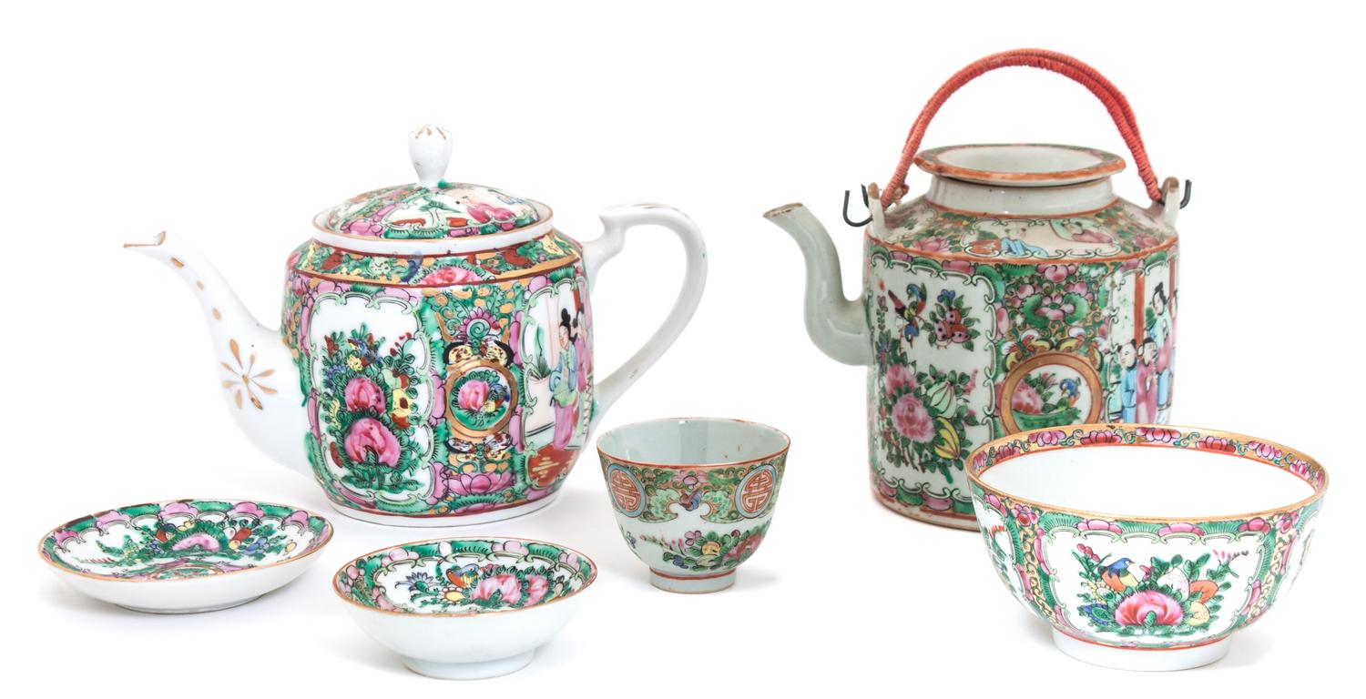 A Group of Rose Medallion Porcelain Articles Height of tallest 5 3/4 inches.